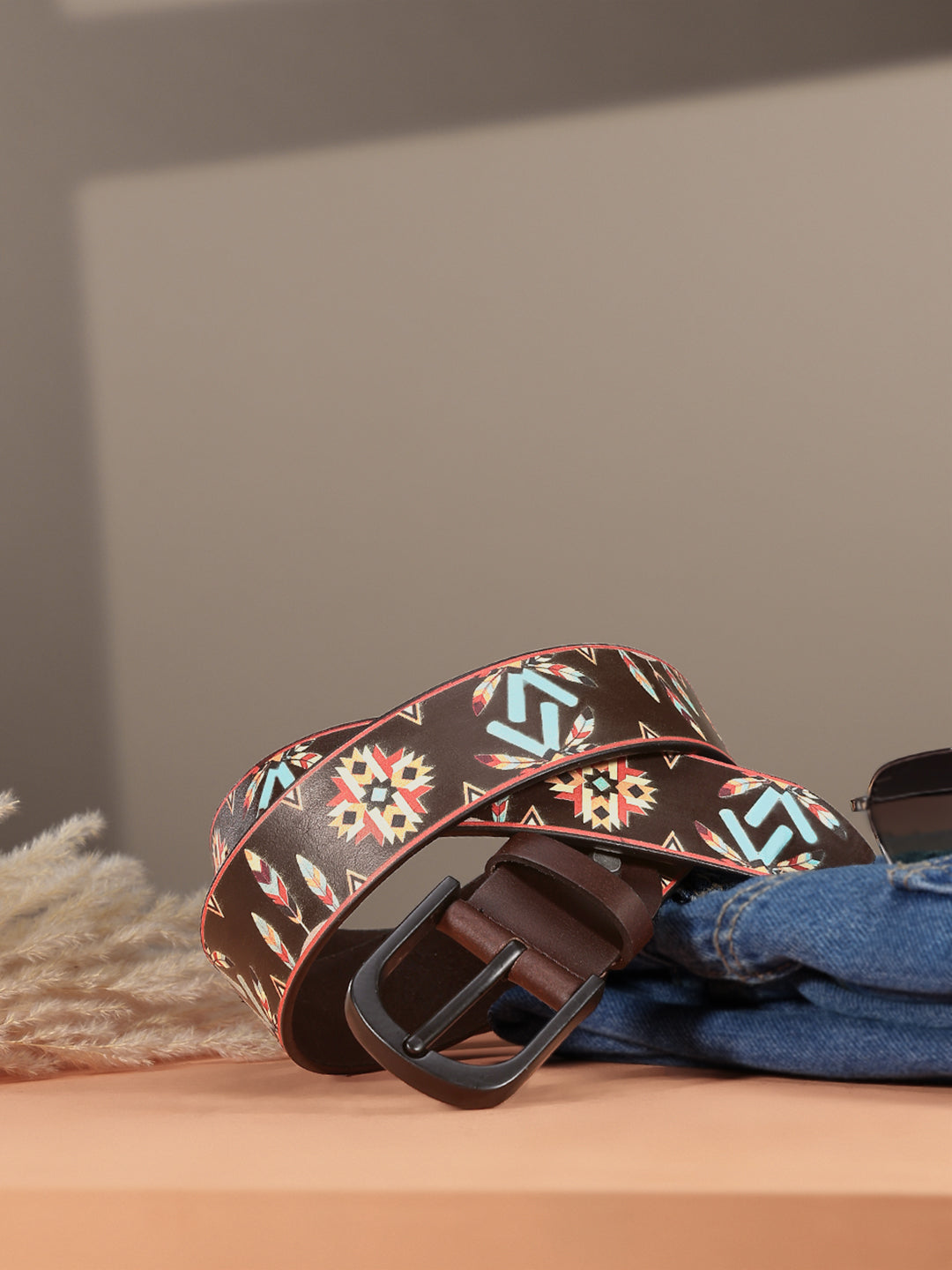 Ethnic Patterned Leather Buckle Strap Handmade Adjustable Designer Waist Accessory