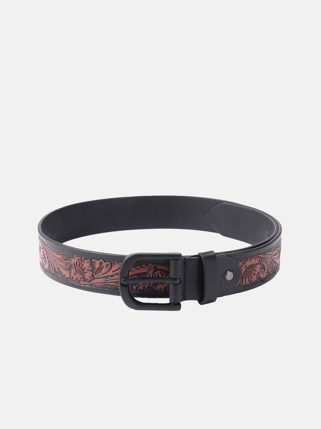 Unisex Handcrafted Floral Tooled Brown Belt With Matte Black Buckle For Everyday Wear