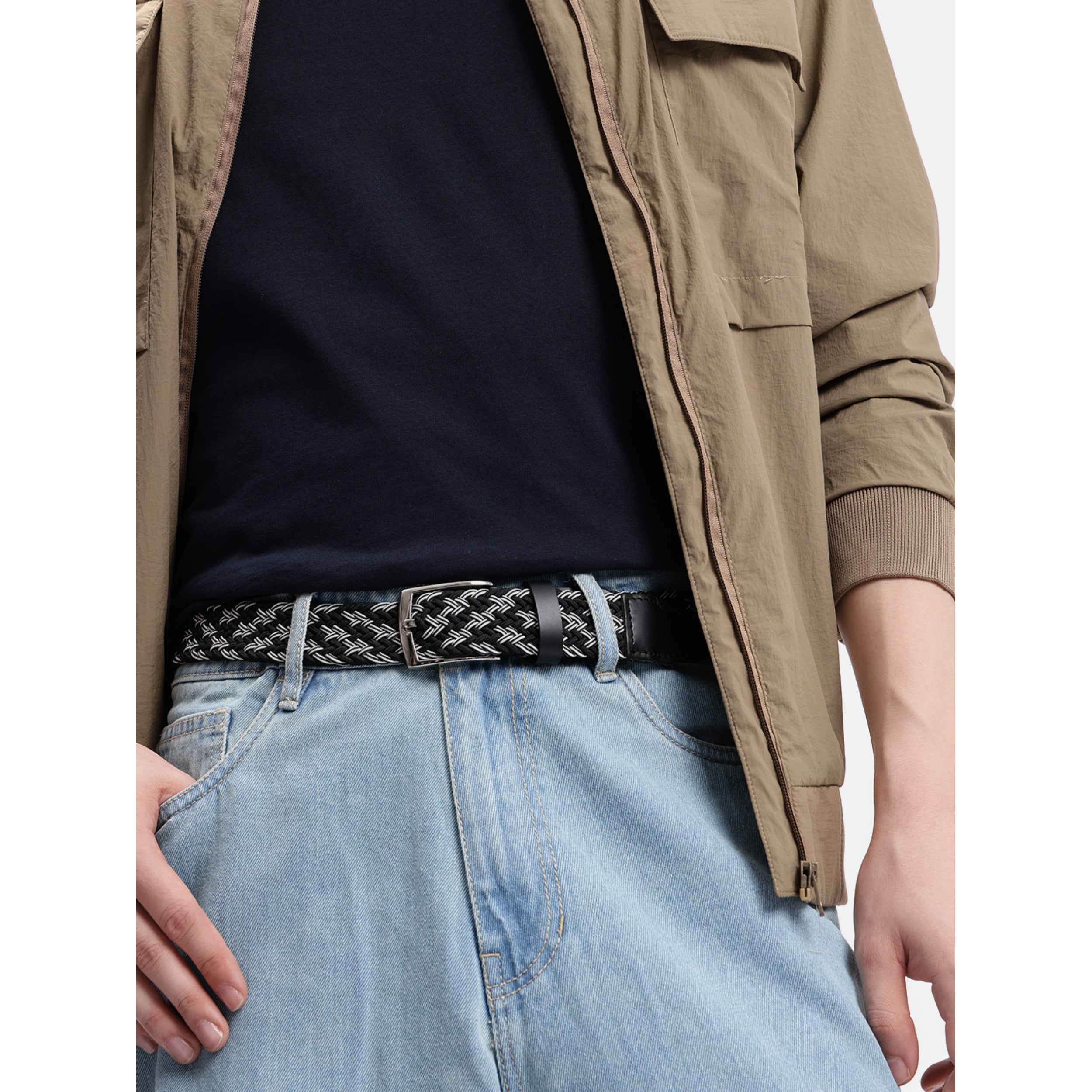 Unisex Woven Beige Belt With Black Leather Tip Silver Buckle Casual Formal Wear