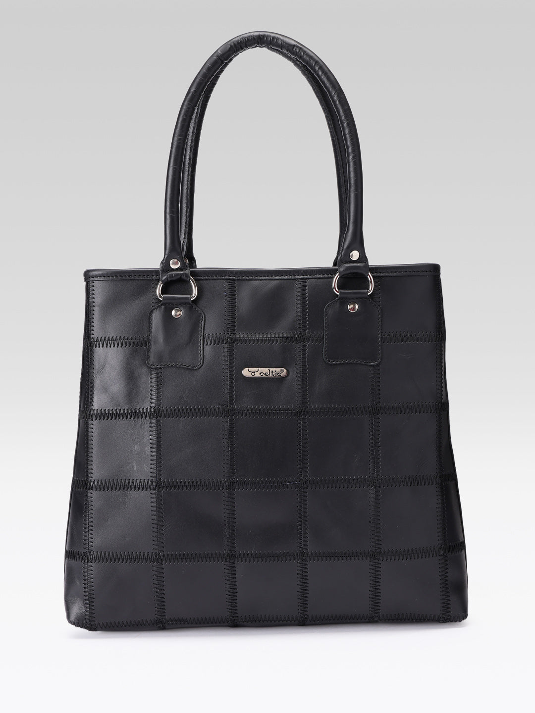 Women Black Leather Tote Bag with Patchwork Design and Spacious Interior