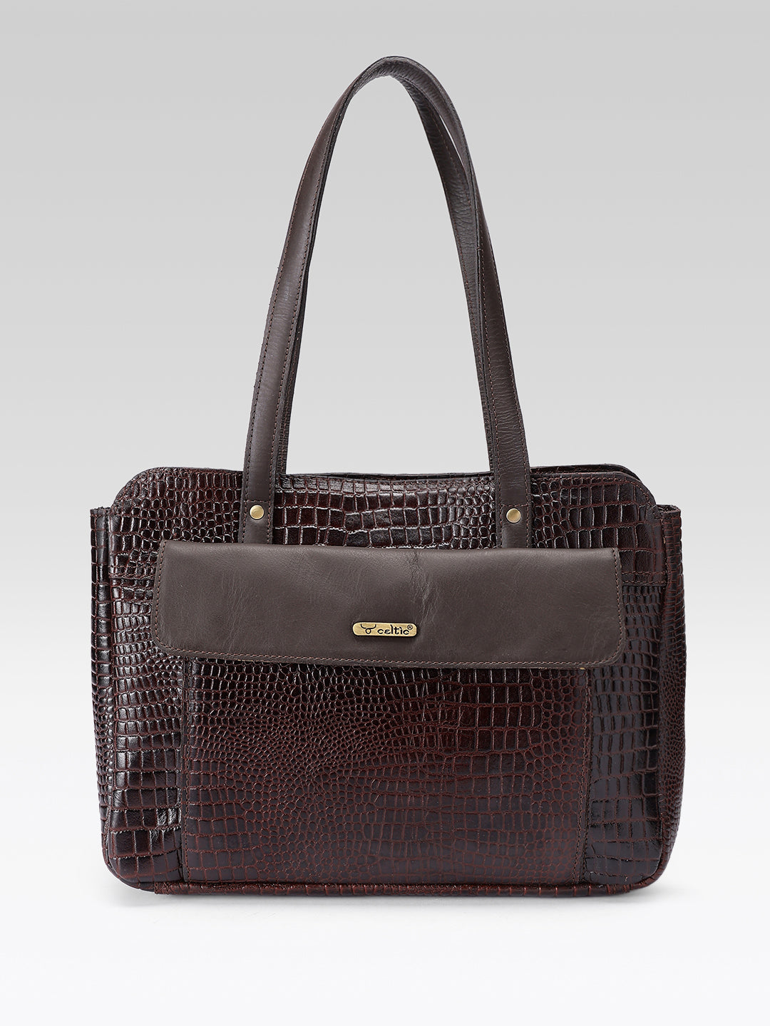 Premium Genuine Croc-Embossed Leather Tote Bag with Zip Compartments & Long Shoulder Straps