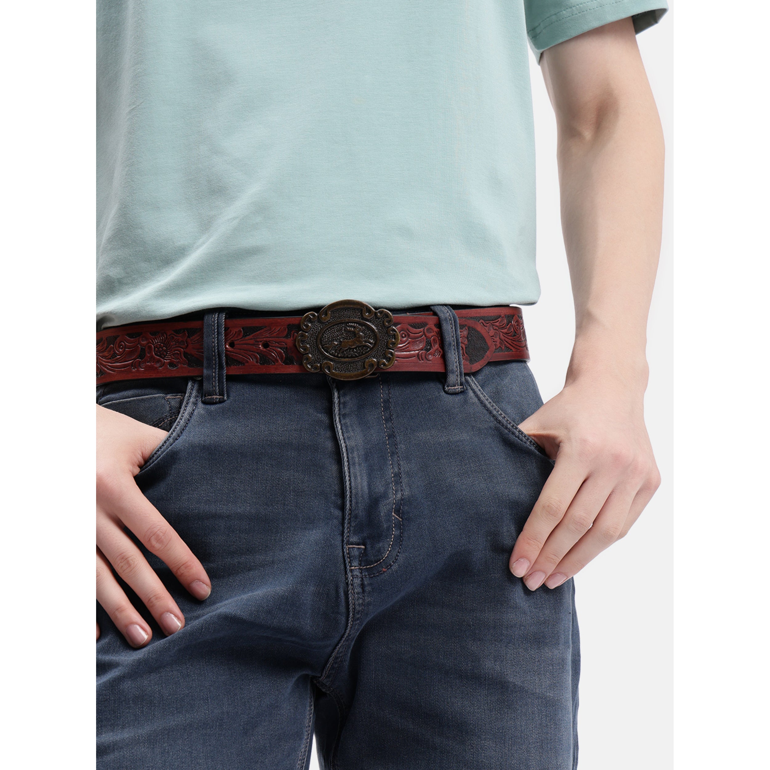Men Genuine Leather Embossed Floral Brown Western Waist Accessory Antique Buckle