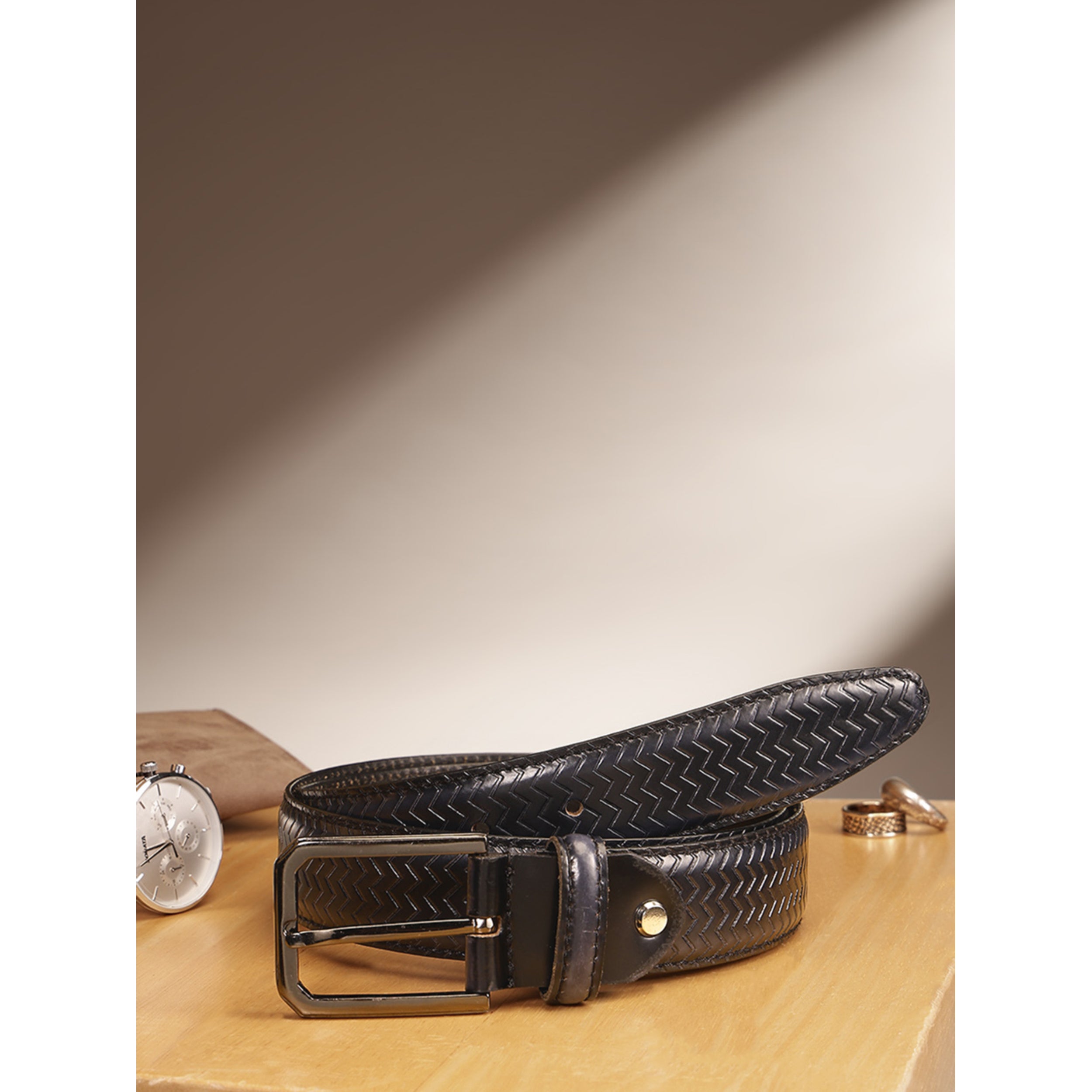 Men Olive Textured Leather Belt With Vertical Stripe Pattern And Classic Metal Buckle
