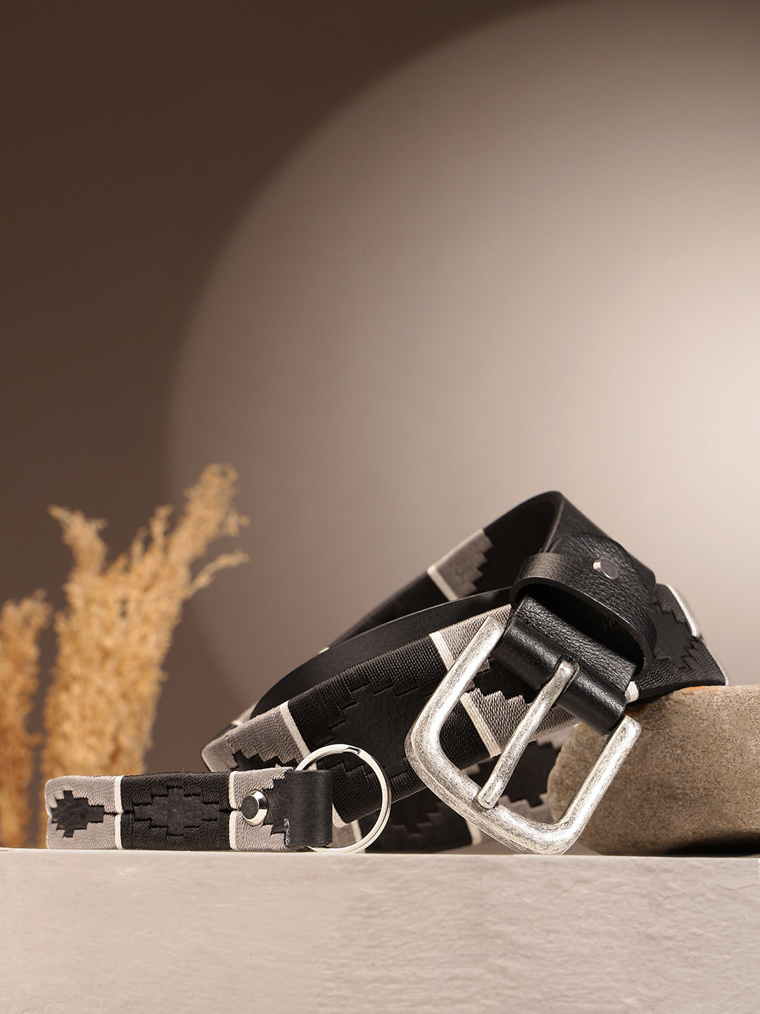 Unisex Handcrafted Black Leather Belt With Geometric Woven Strap And Antique Metal Buckle