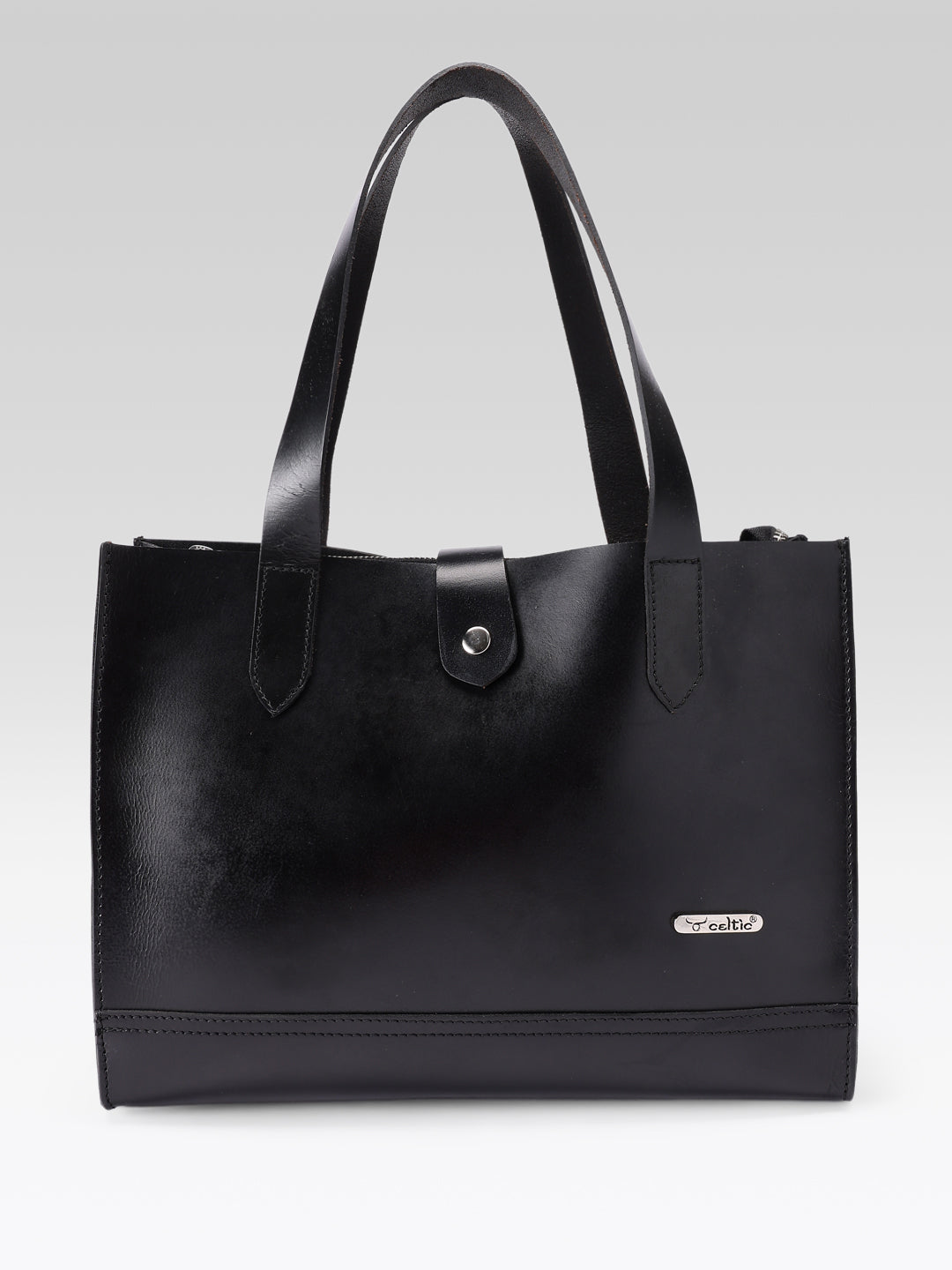 Premium Genuine Leather Structured Shopper Tote with Dual Compartments & Snap Closure