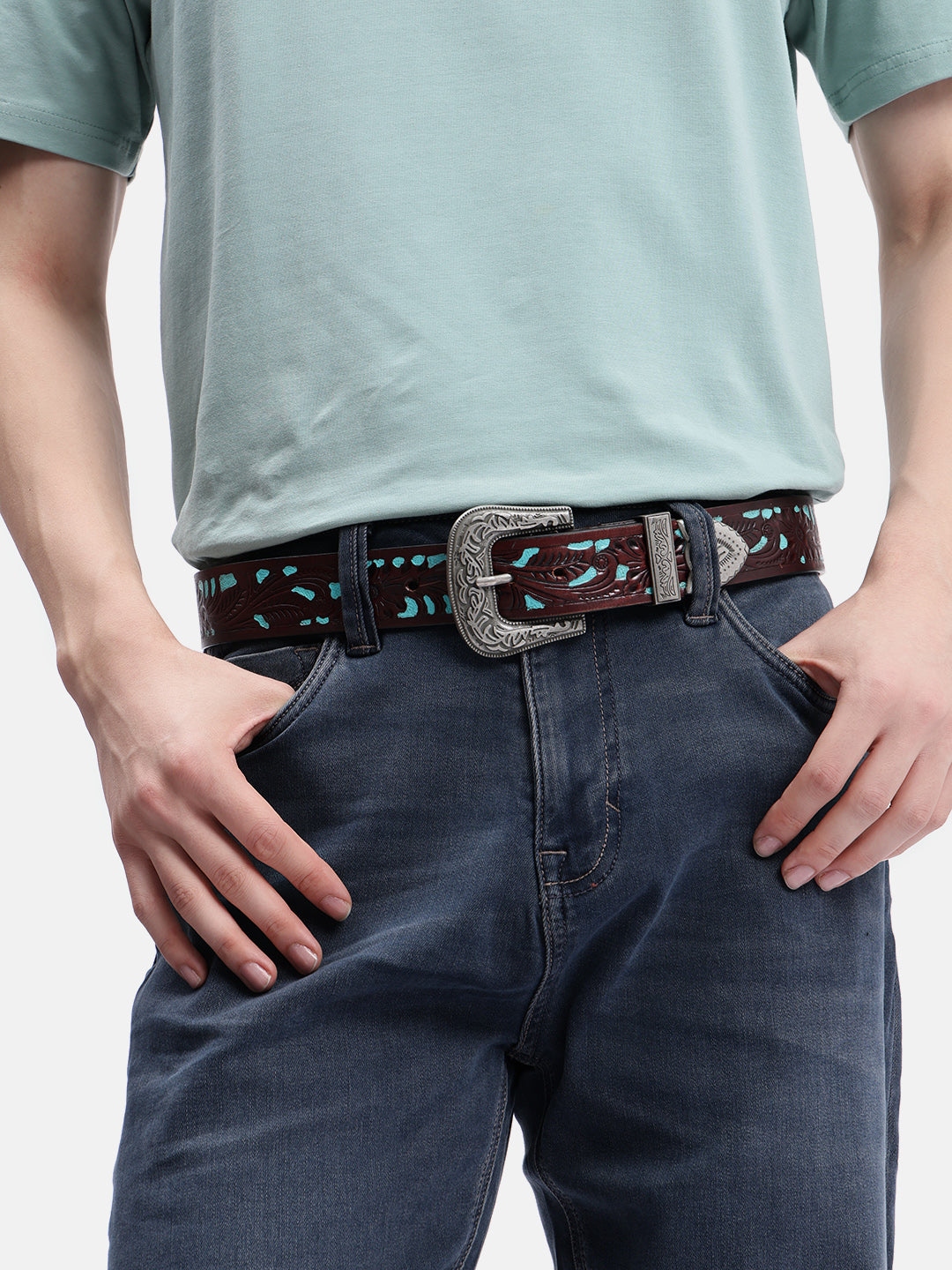 Unisex Genuine Leather Embossed Floral Brown Teal Western Waist Accessory Silver Buckle