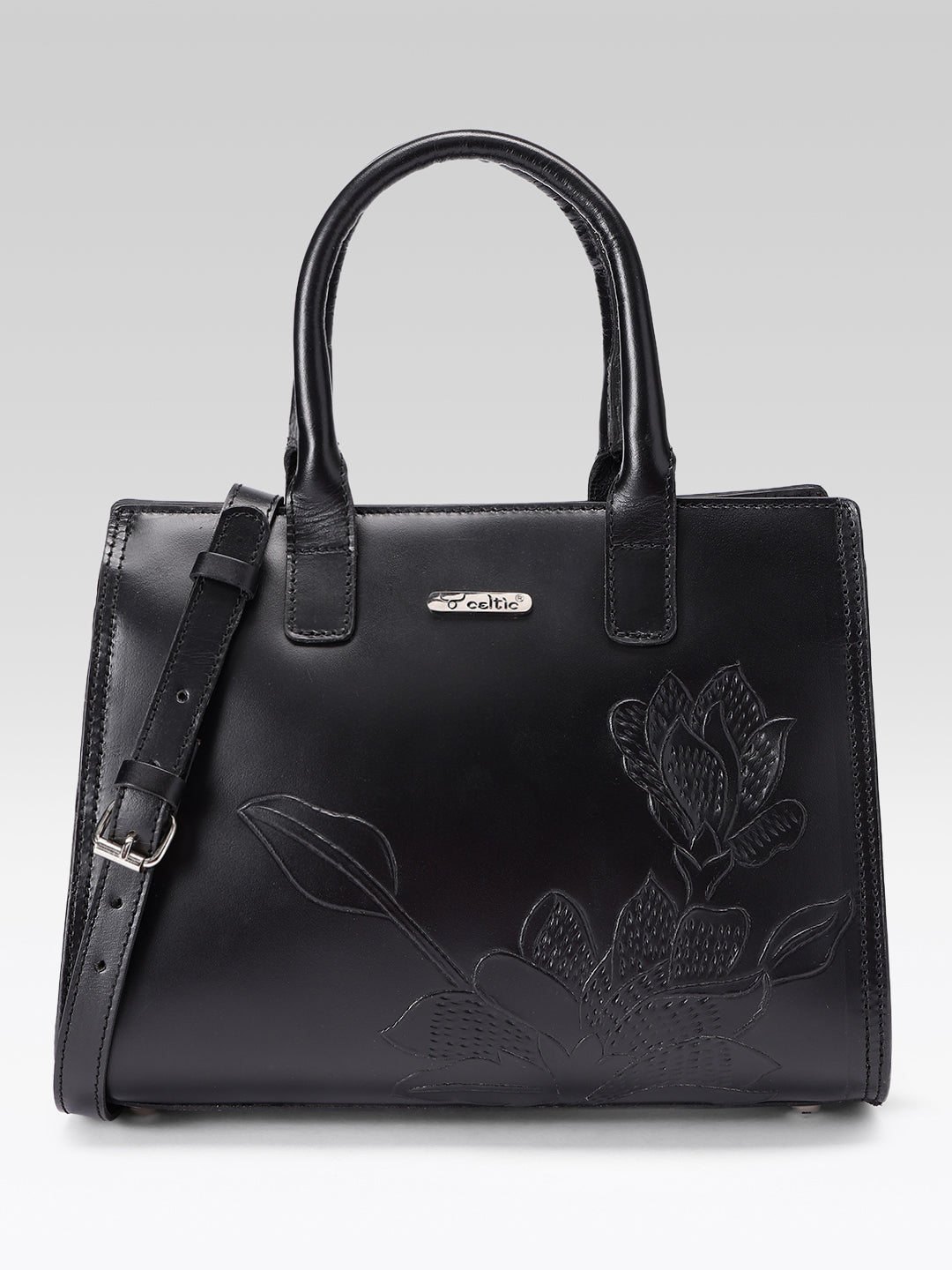 Premium Genuine Leather Tote with Floral Embossing, Top Handles, Zip Closure