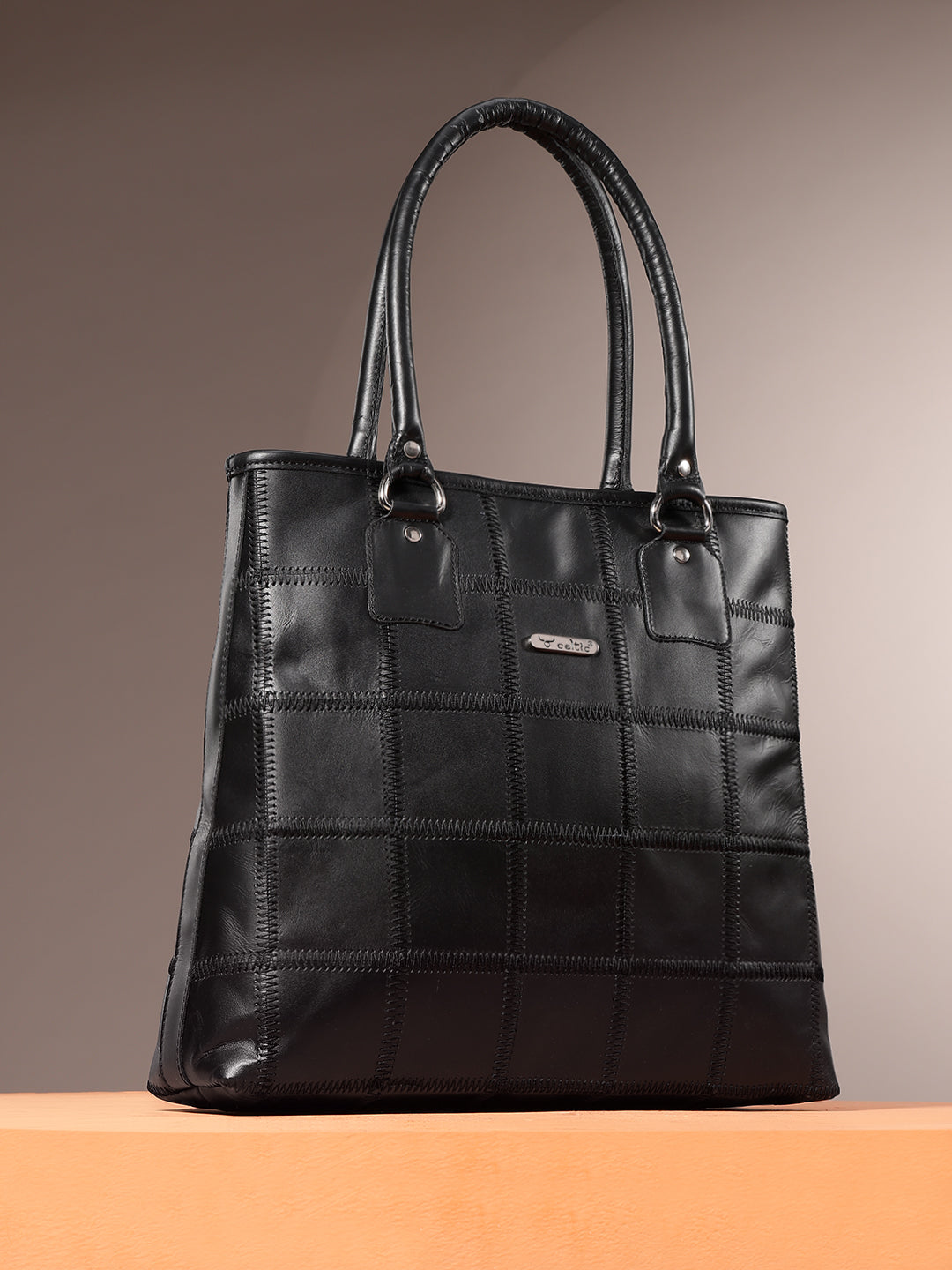 Women Black Leather Tote Bag with Patchwork Design and Spacious Interior