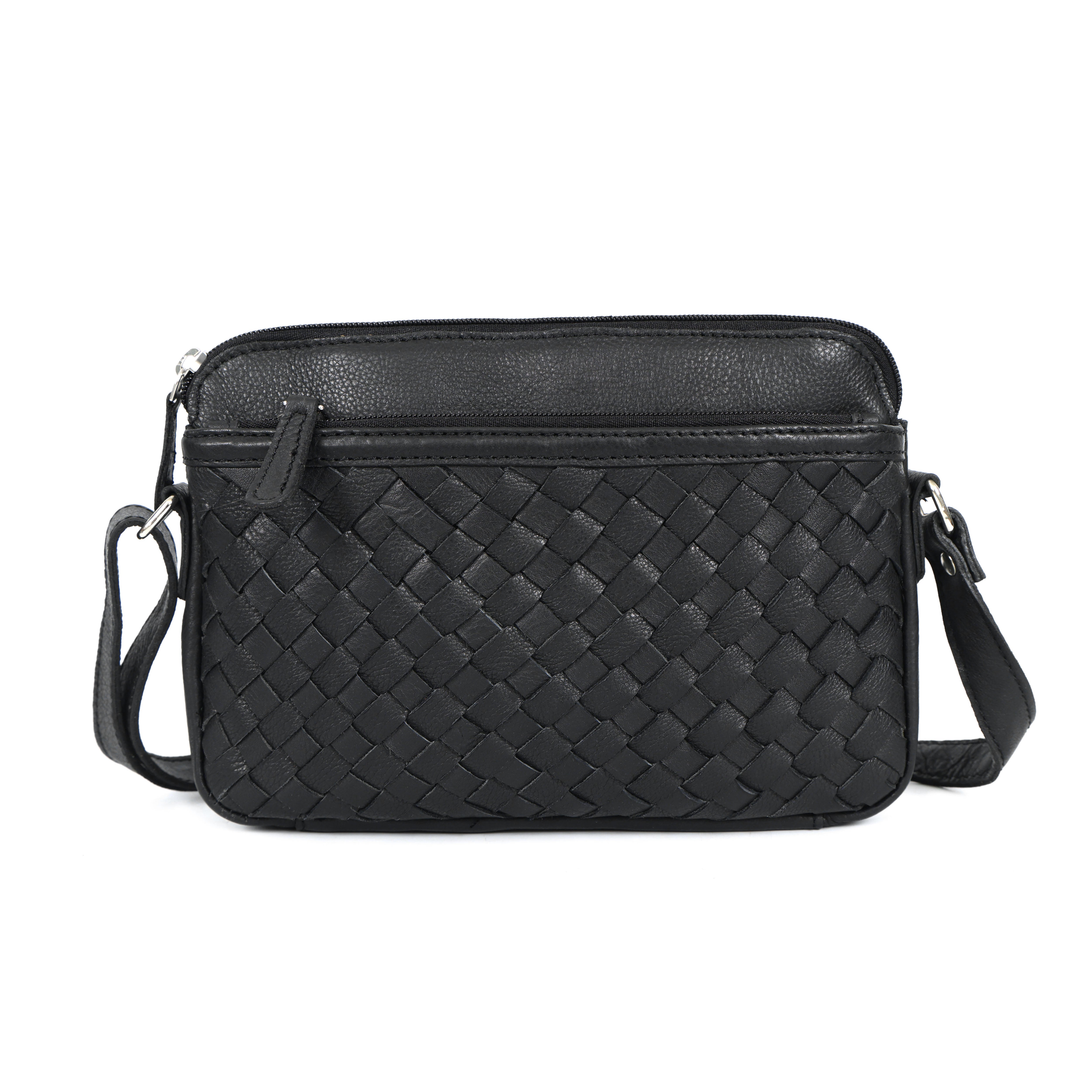 Premium Black Handwoven Leather Crossbody Bag with Adjustable Strap & Zip Compartments