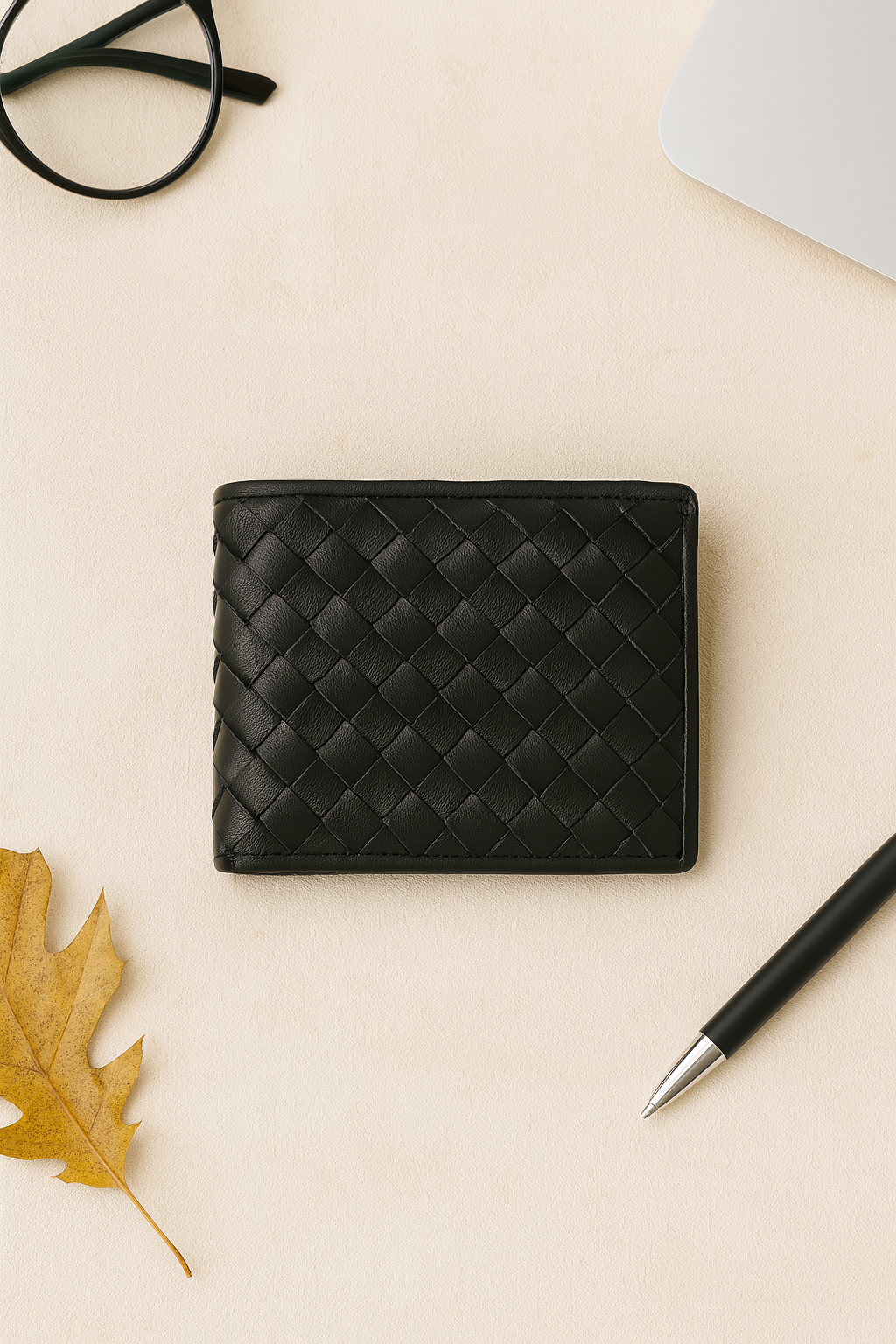 Black Braided Leather Wallet, Art:- LA-1409