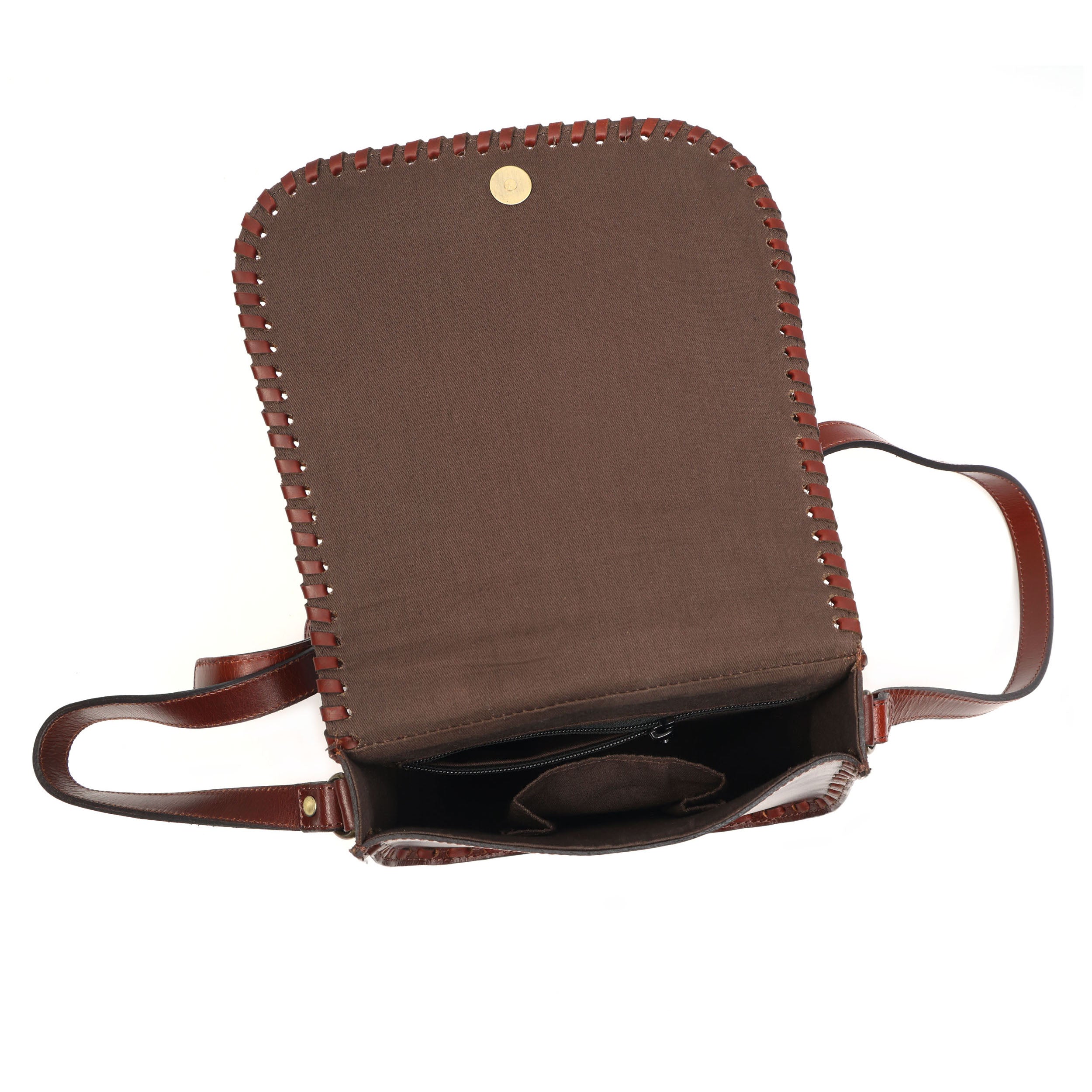 Handcrafted Black Embossed Leather Sling Bag with Magnetic Closure & Adjustable Strap