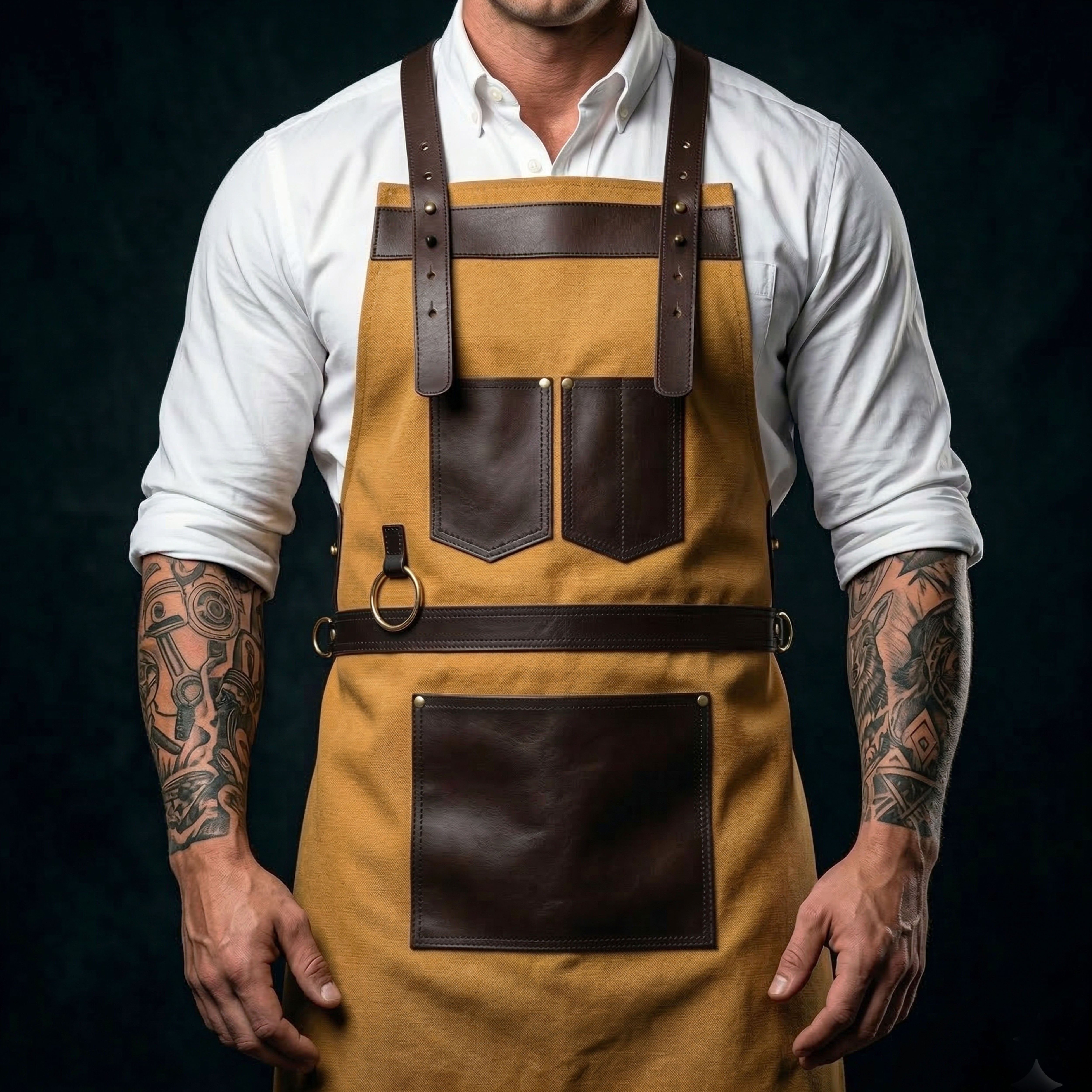 Premium Genuine Leather & Canvas Bib Apron – Yellow & Black Utility Design