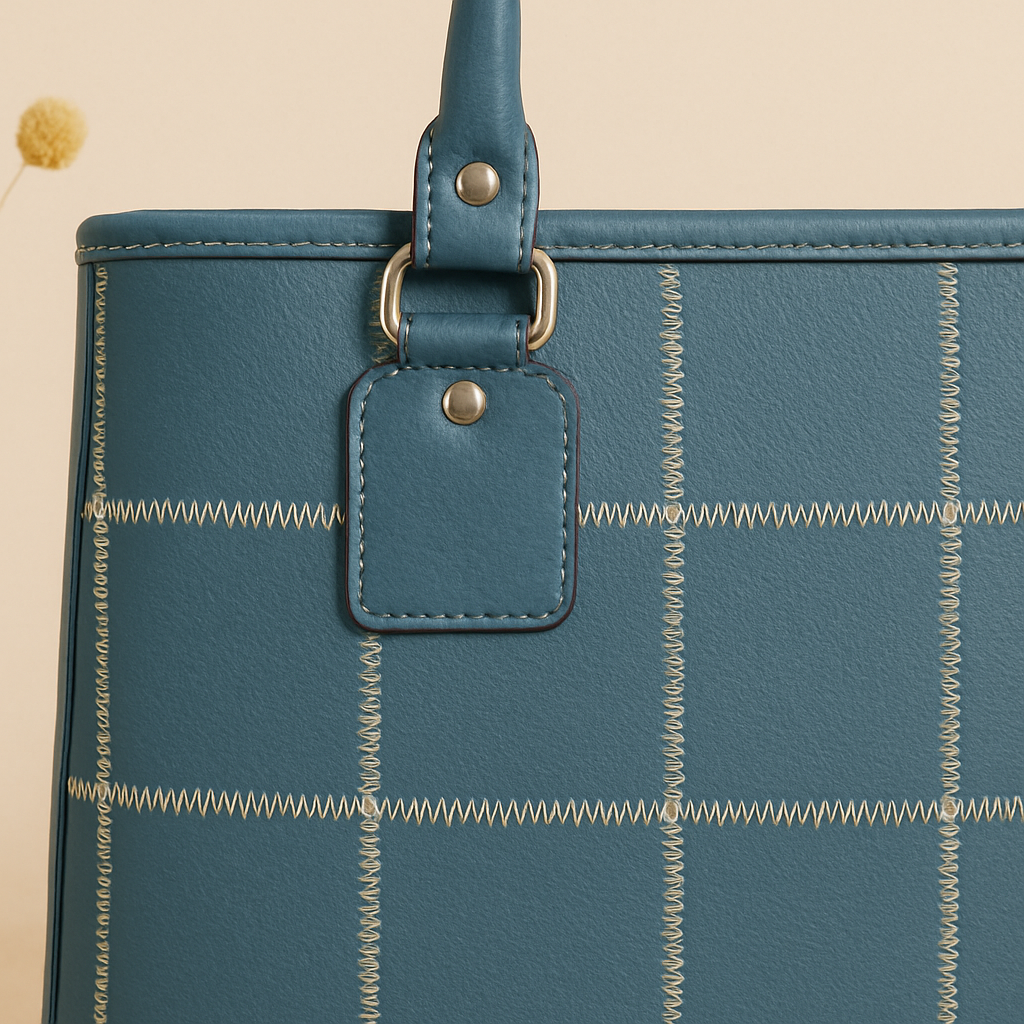 Genuine Leather Blue Tote Bag with Check Stitch Design and Zip Closure