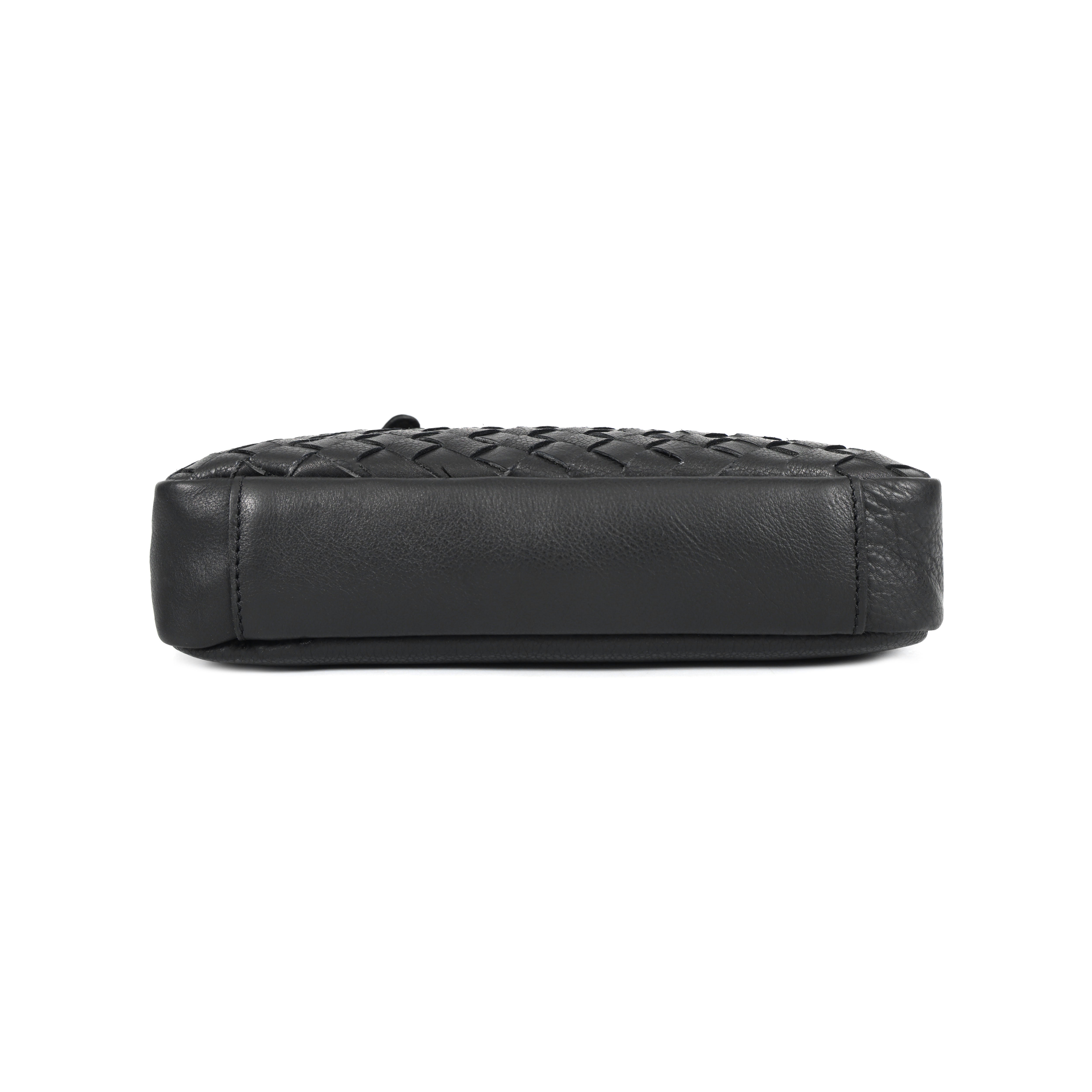 Premium Black Handwoven Leather Crossbody Bag with Adjustable Strap & Zip Compartments