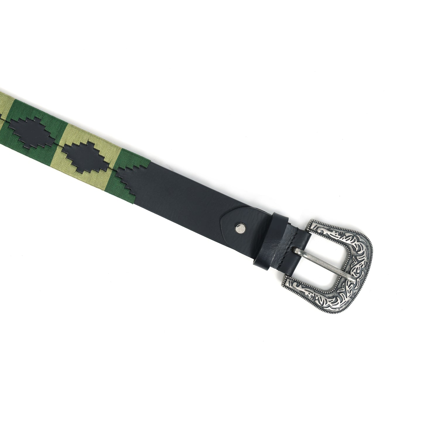 Designer Black Leather Polo Belt with Green Webbing & Premium Buckle Includes Matching Keyring. LB-867