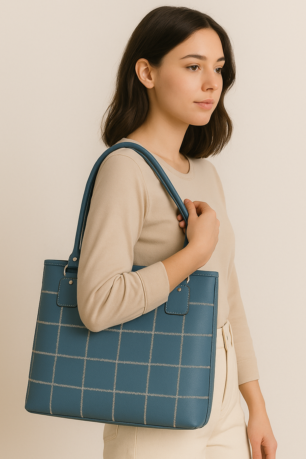 Genuine Leather Blue Tote Bag with Check Stitch Design and Zip Closure