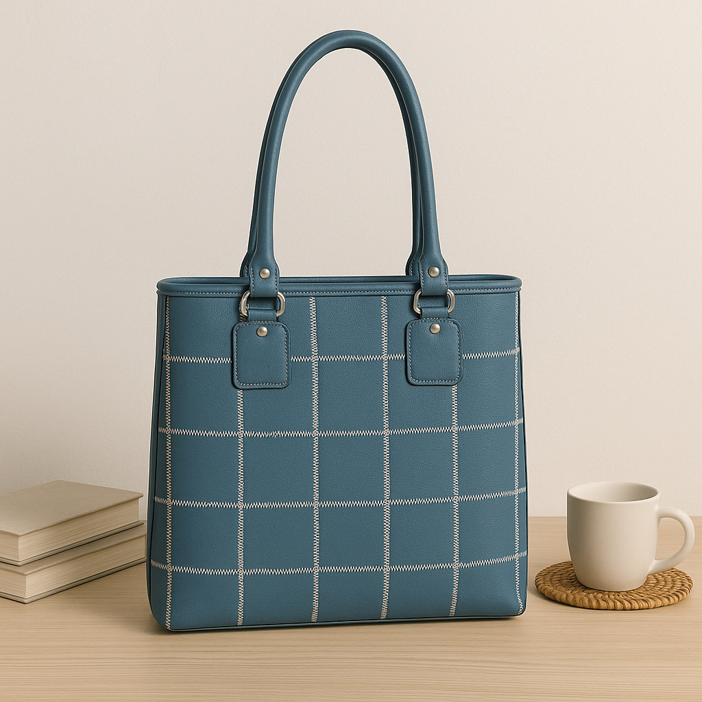 Genuine Leather Red Tote Bag with Check Stitch Design and Zip Closure