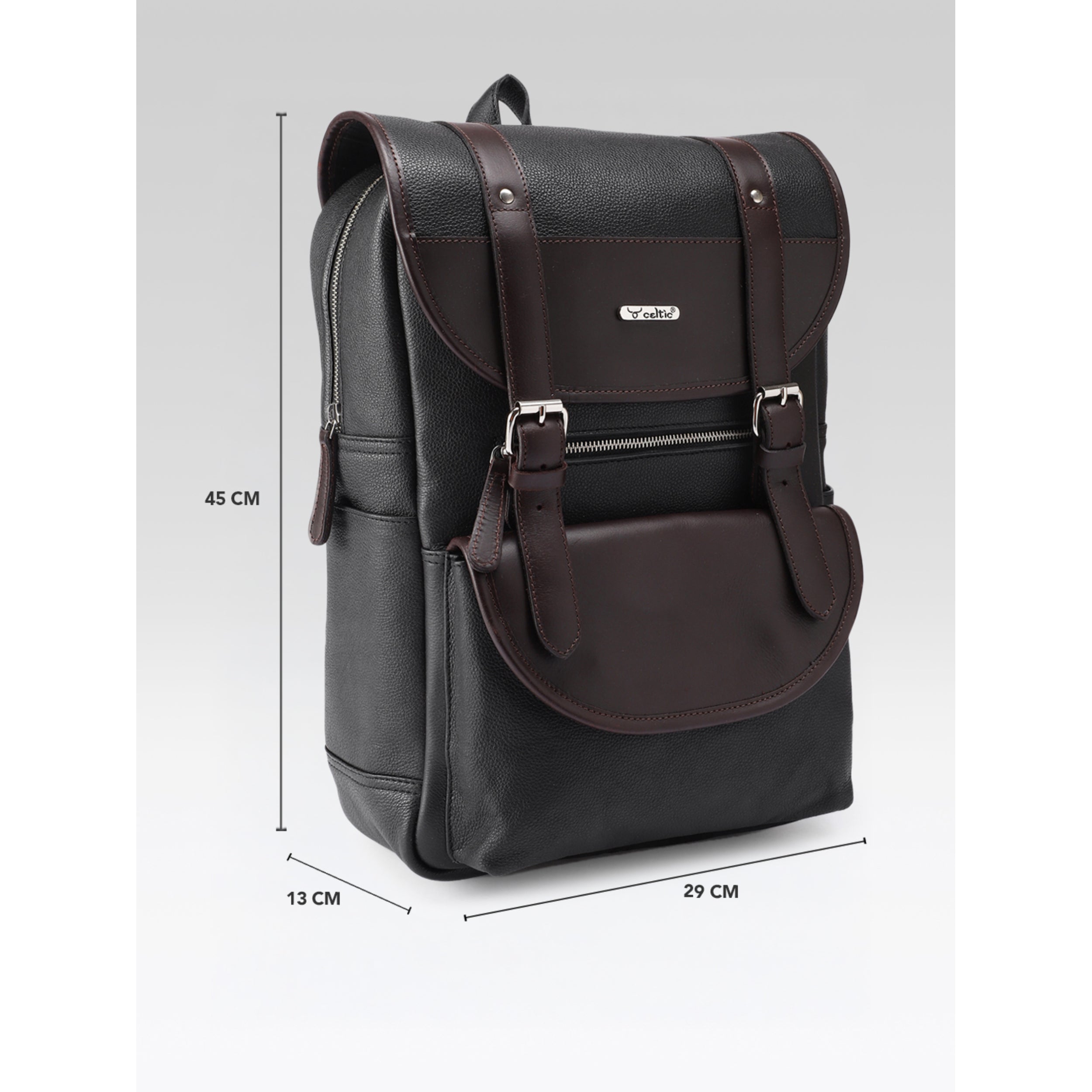 Premium Genuine Leather Laptop Backpack with Dual Buckle Design, Multiple Zip Pockets