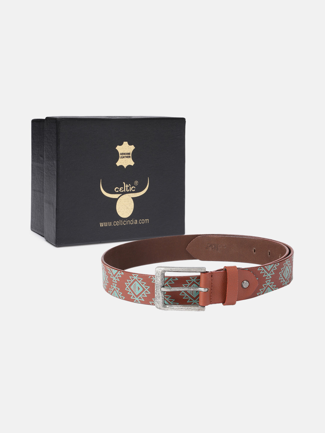 Unisex Geometric Ethnic Printed Leather Belt With Silver Buckle For Casual Wear