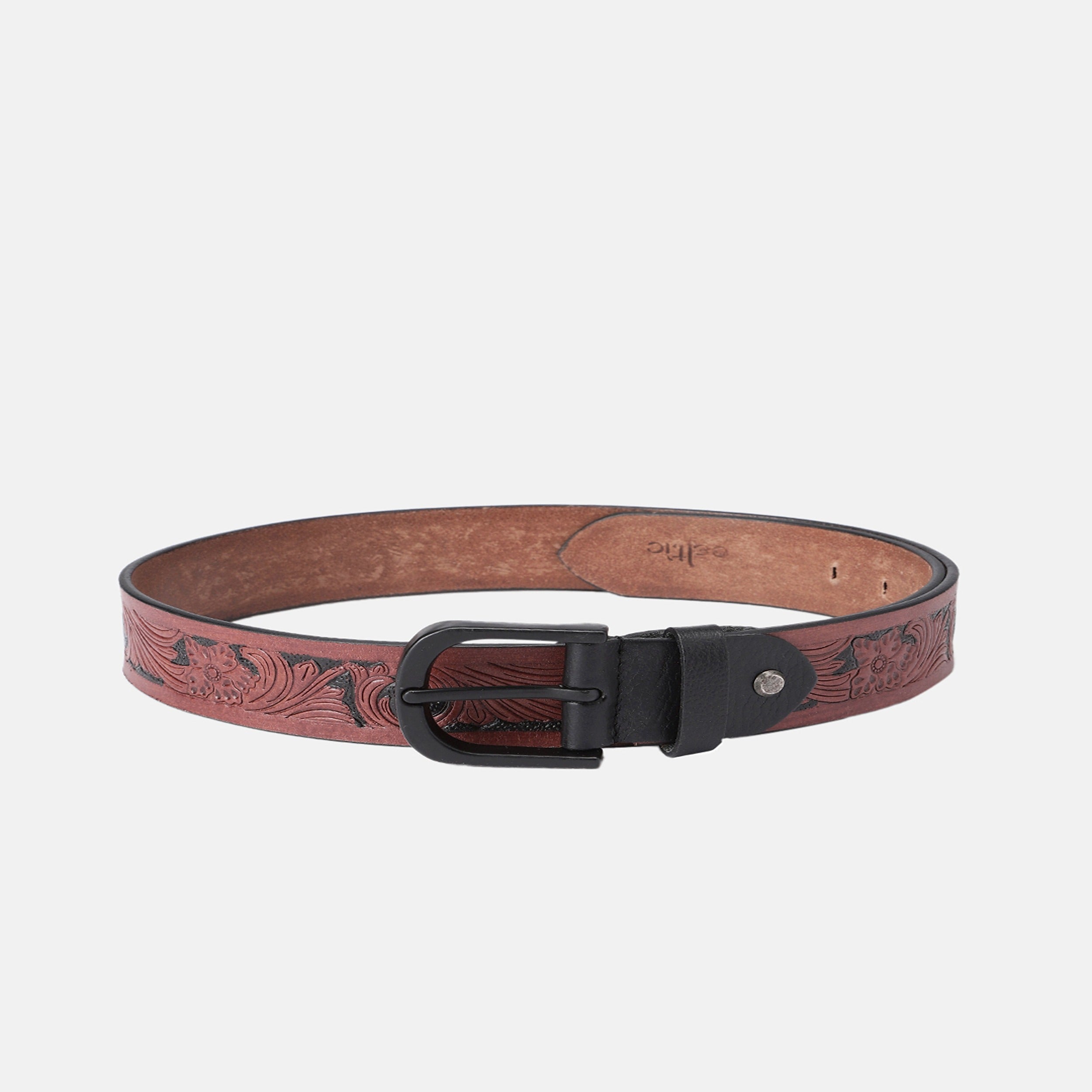 Men Genuine Leather Embossed Floral Brown Waistwear Matte Black Buckle