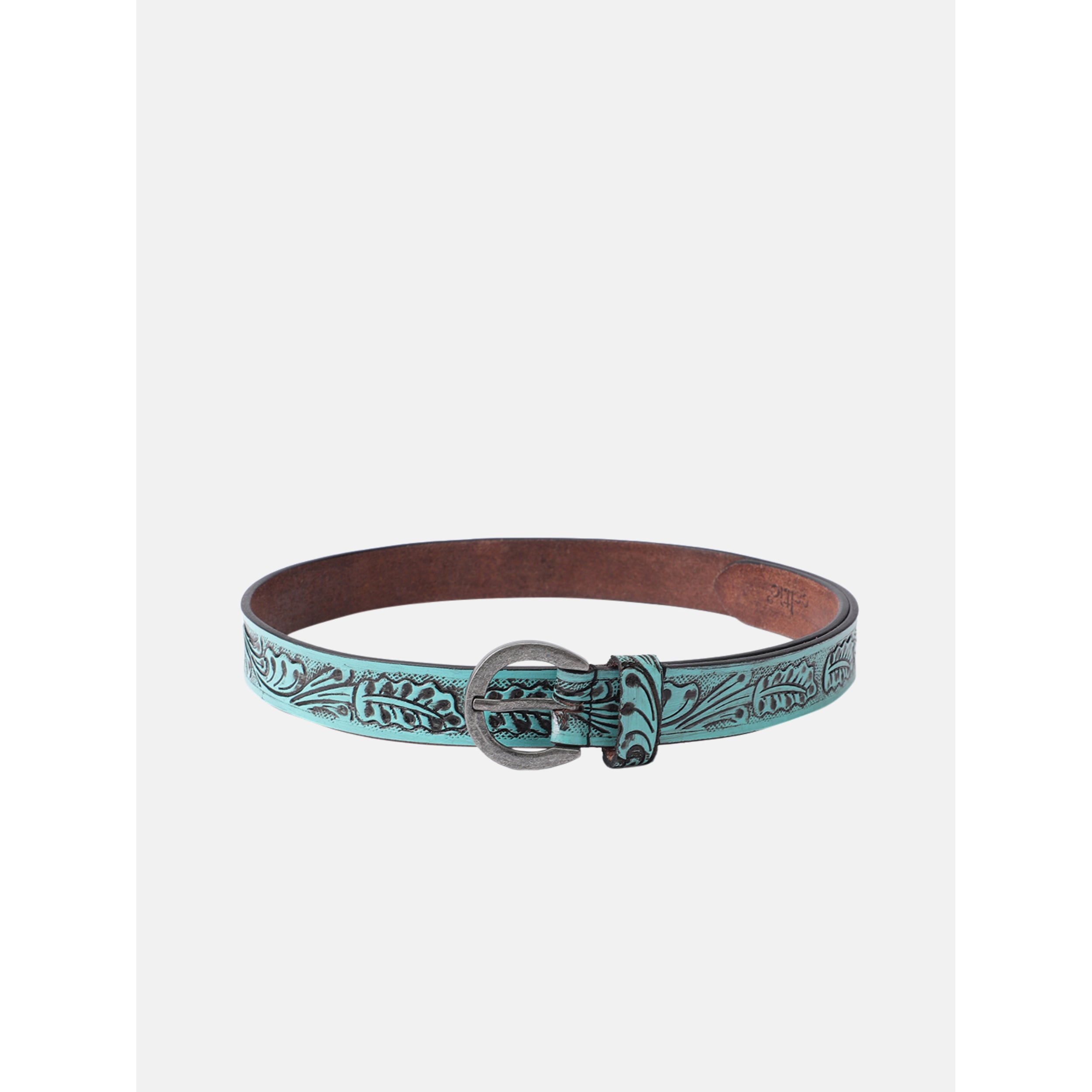 Women Genuine Leather Embossed Turquoise Floral Western Waist Accessory Silver Buckle