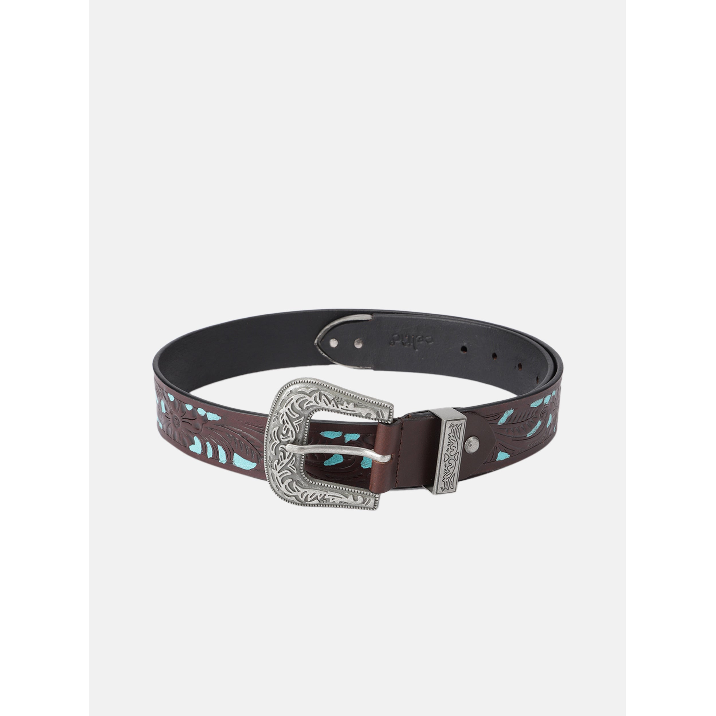 Unisex Genuine Leather Embossed Floral Brown Teal Western Waist Accessory Silver Buckle