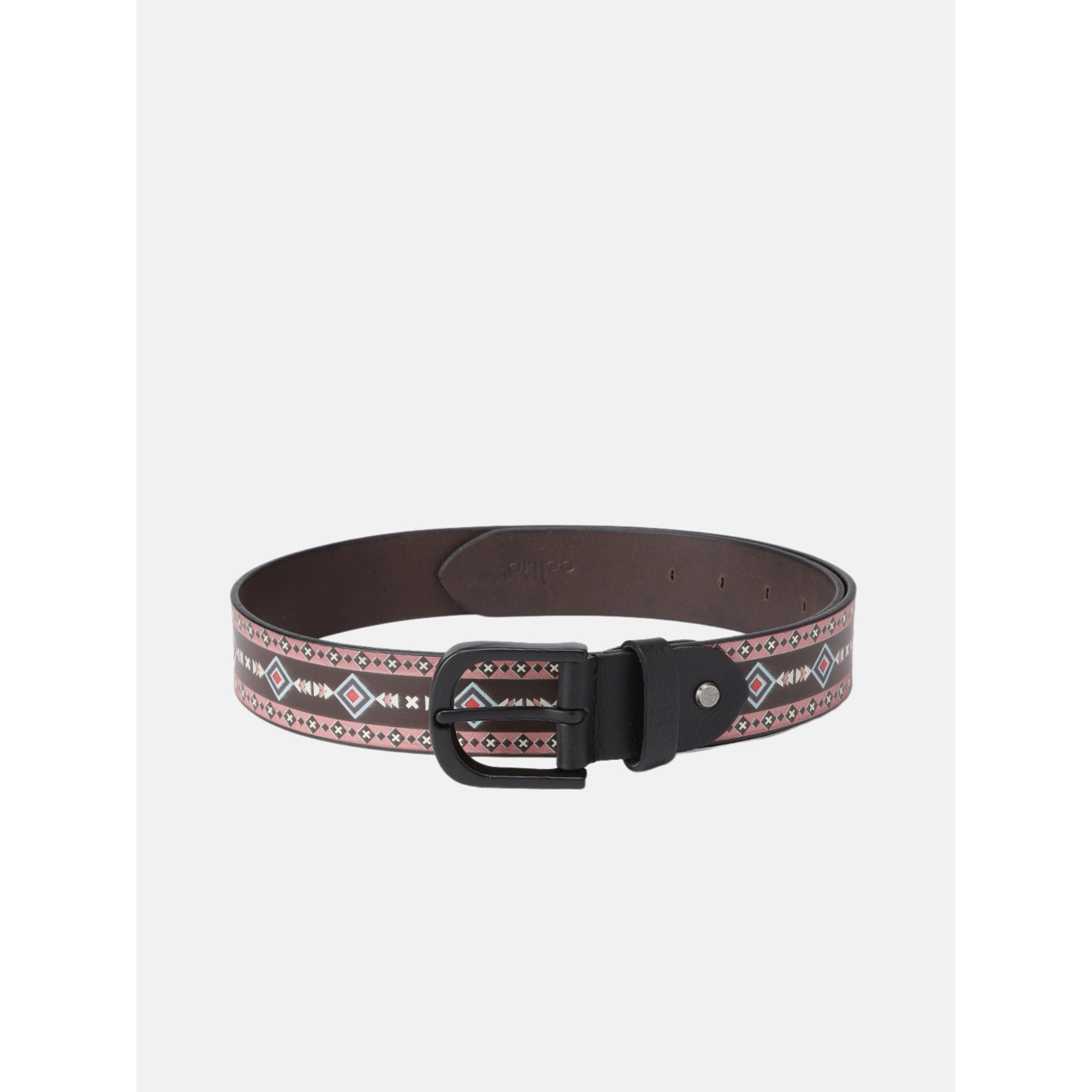 Unisex Geometric Patterned Leather Belt With Black Buckle For Casual Everyday Wear