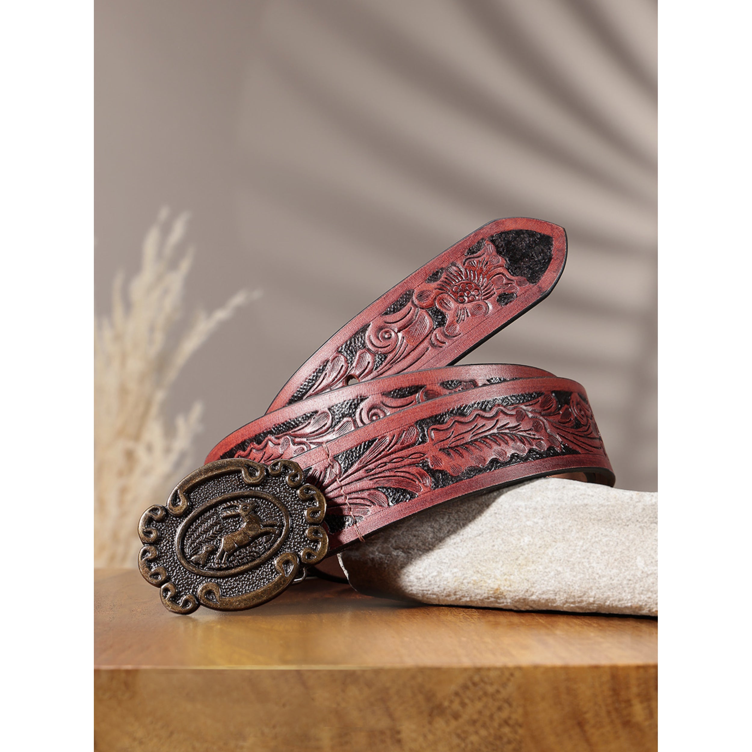 Men Genuine Leather Embossed Floral Brown Western Waist Accessory Antique Buckle