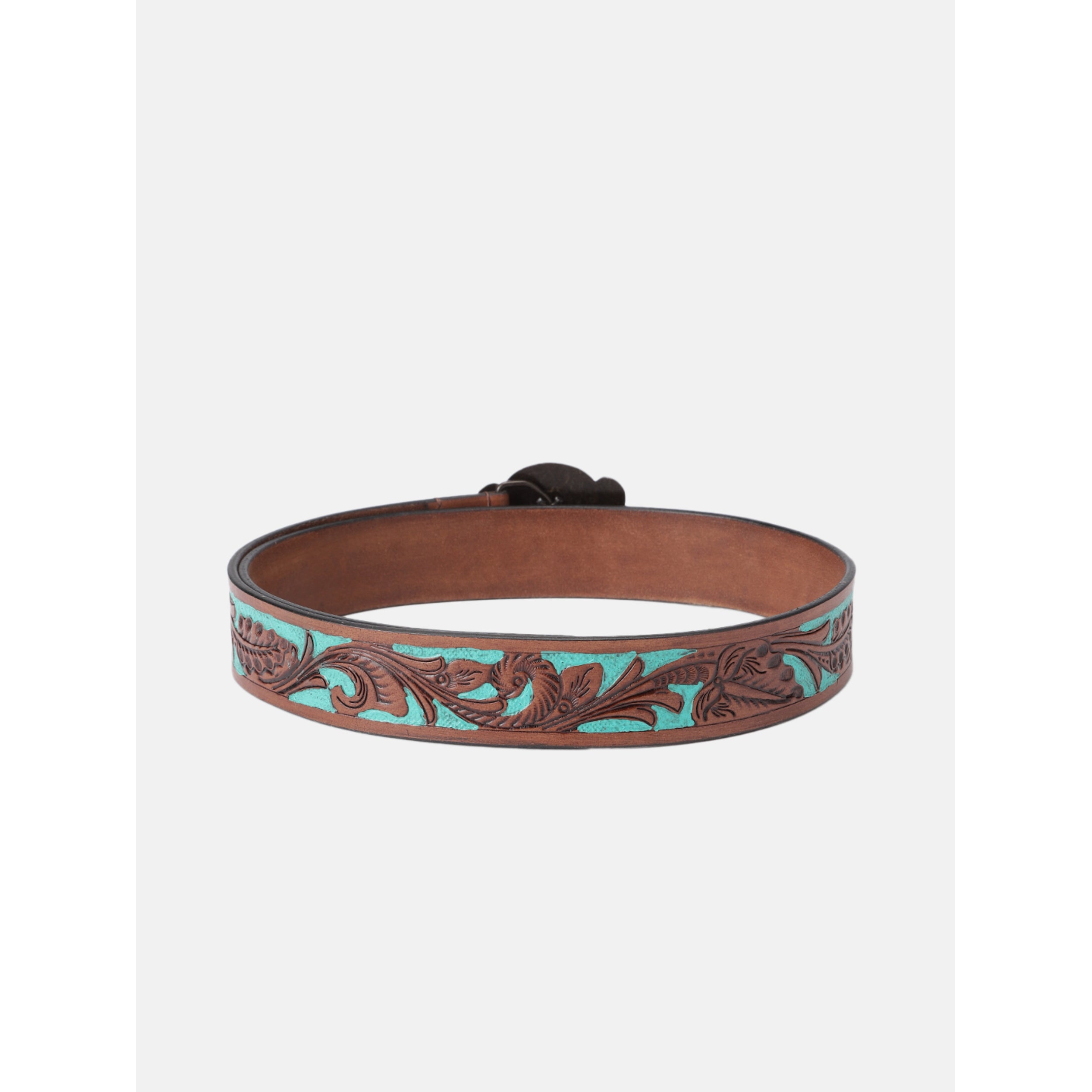 Genuine Leather Embossed Floral Brown Teal Western Waist Accessory Antique Buckle