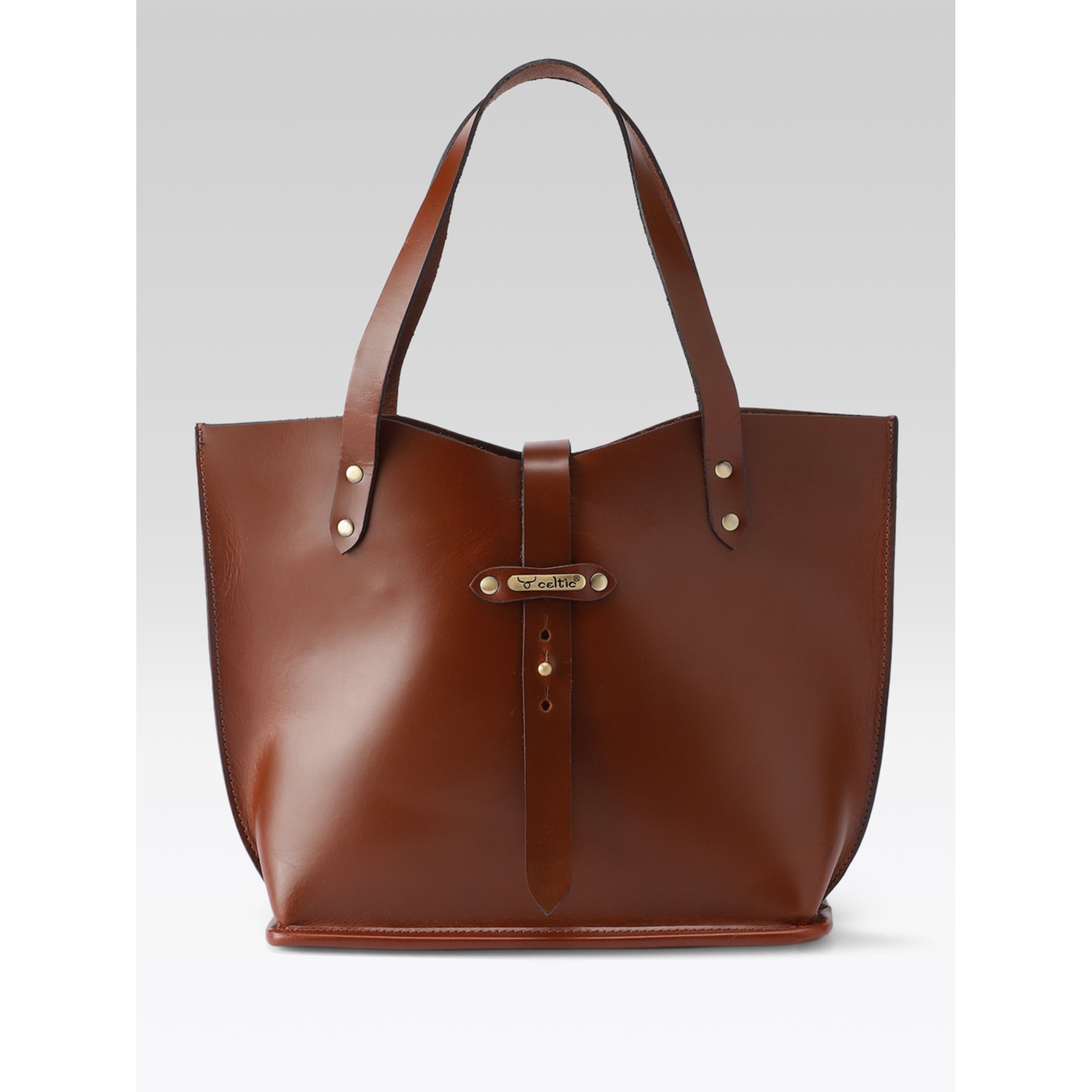 Premium Genuine Leather Tote Bag with Riveted Handles and Spacious Interior Pocket