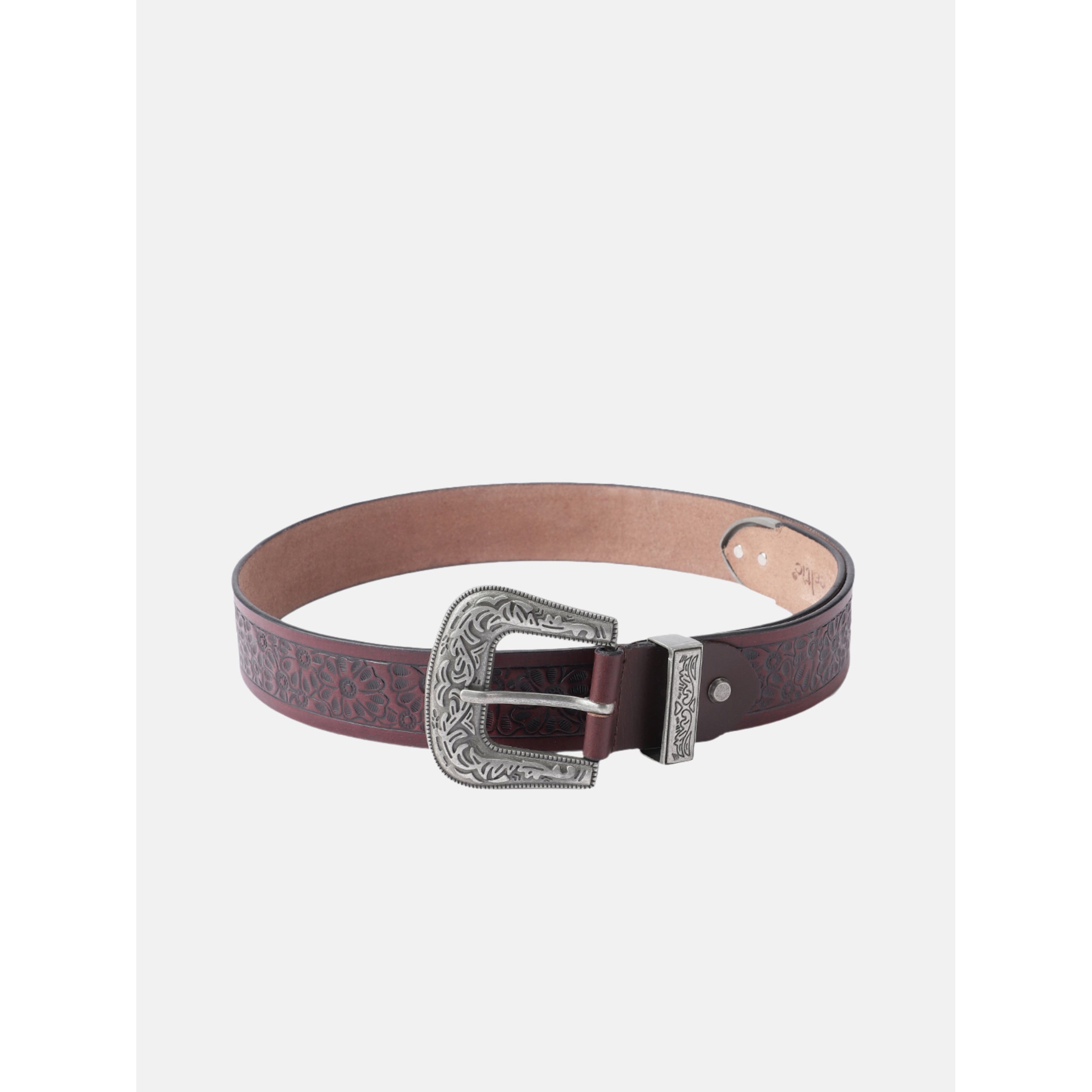 Vintage Floral Embossed Leather Belt With Ornate Silver Buckle For Men