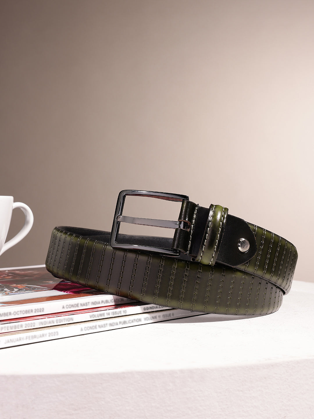 Men Olive Textured Leather Belt With Vertical Stripe Pattern And Classic Metal Buckle