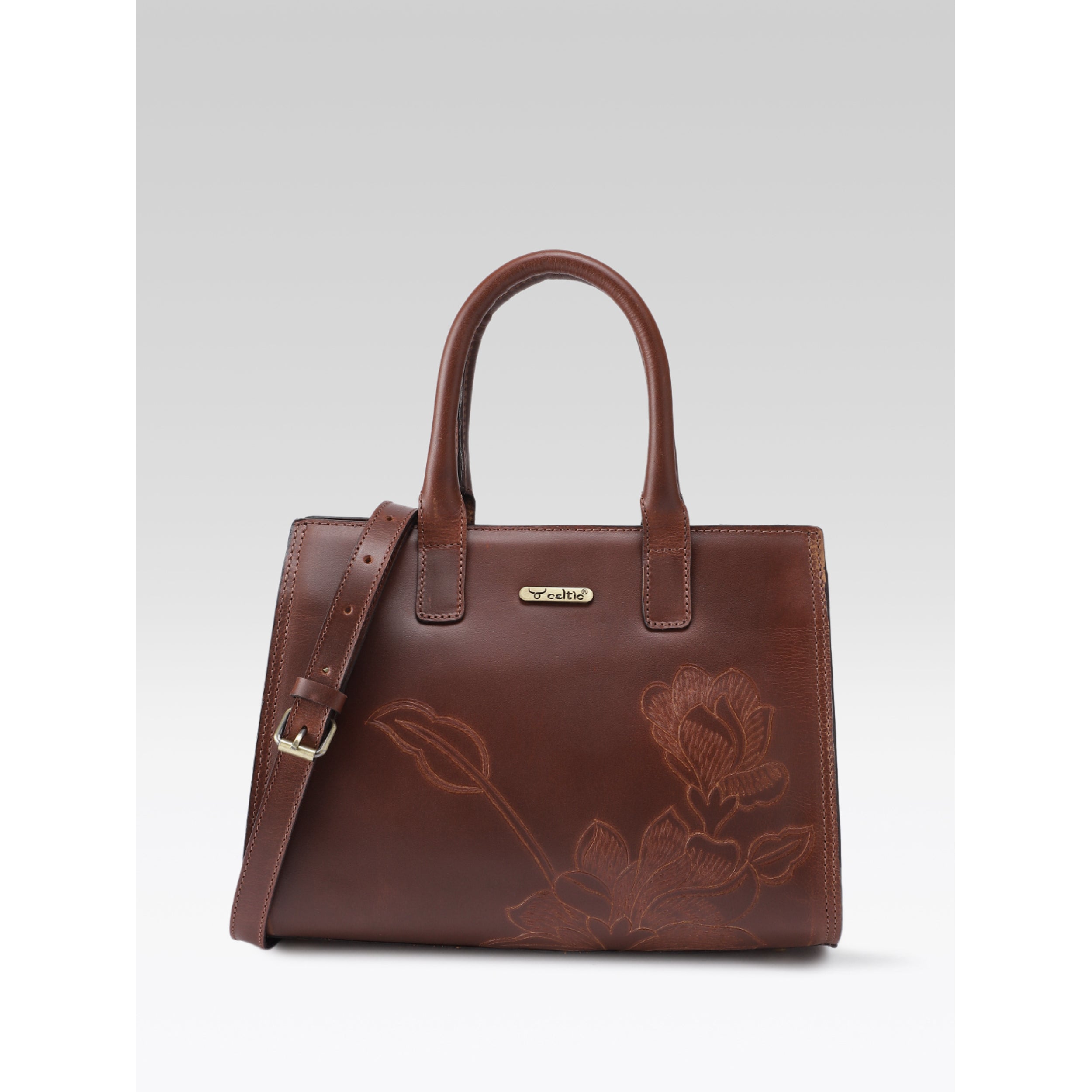 Premium Genuine Leather Tote with Floral Embossing, Top Handles, Zip Closure