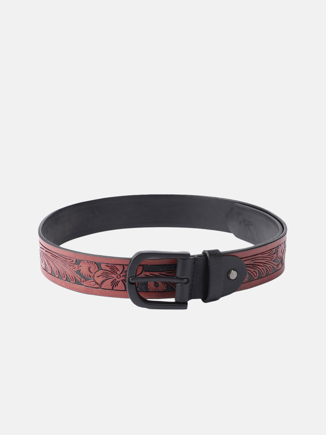 Unisex Genuine Leather Brown Floral Embossed Western Casual Waistbelt Matte Black Buckle