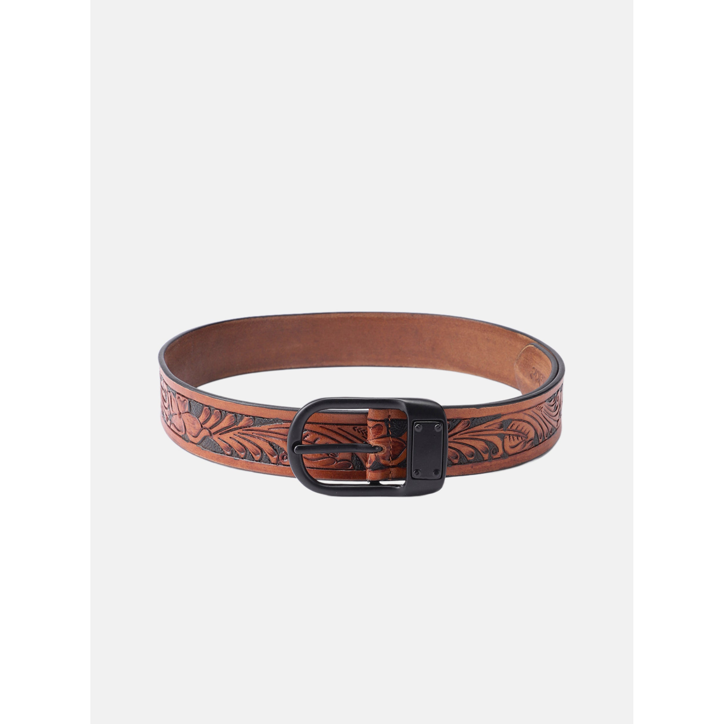 Unisex Genuine Leather Brown Floral Tooled Western Waistbelt Matte Black Buckle