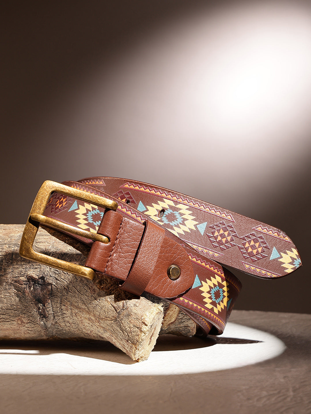 Handcrafted Aztec Pattern Leather Belt With Antique Buckle For Casual Ethnic Styling