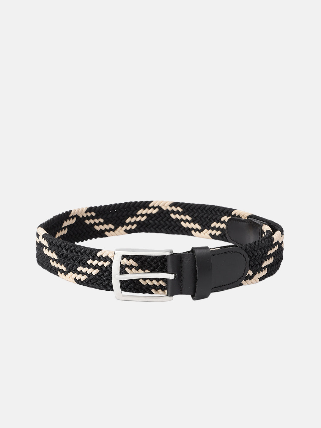 Unisex Handwoven Elastic Belt With Leather Finish And Metal Buckle For Casual Wear
