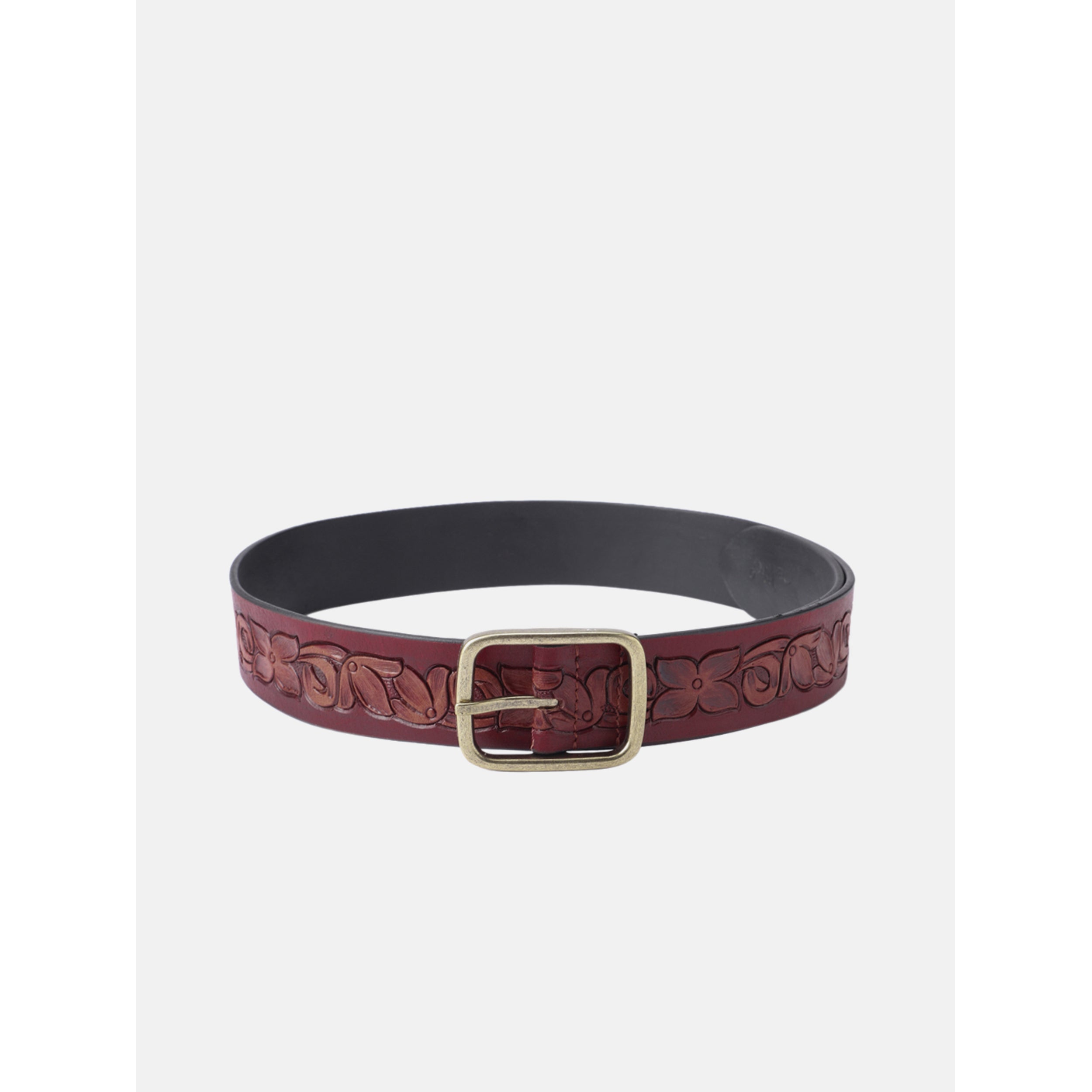 Unisex Handcrafted Floral Leather Belt Vintage Brass Buckle Artisan Carved Waistwear
