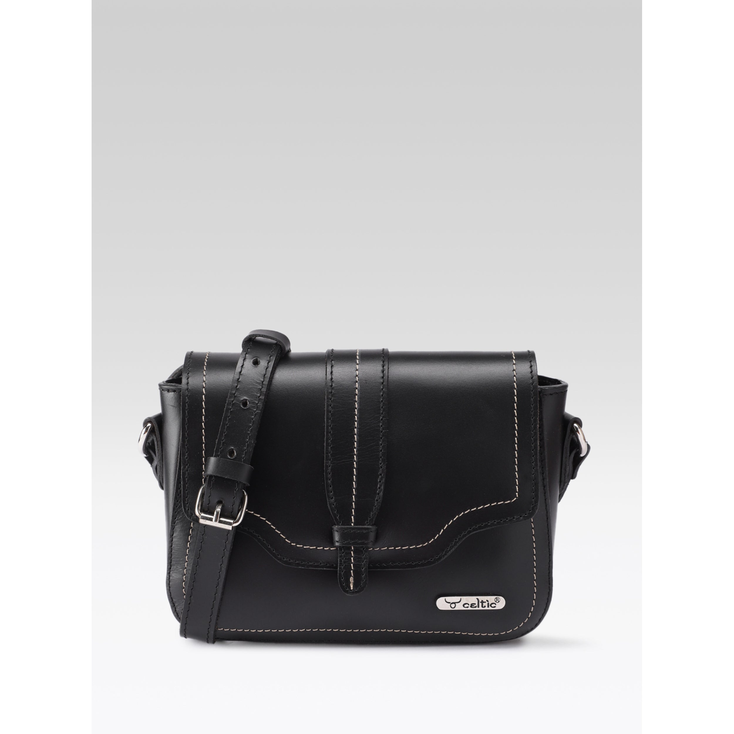 Premium Genuine Leather Crossbody Bag with Front Flap & White Stitch Detailing