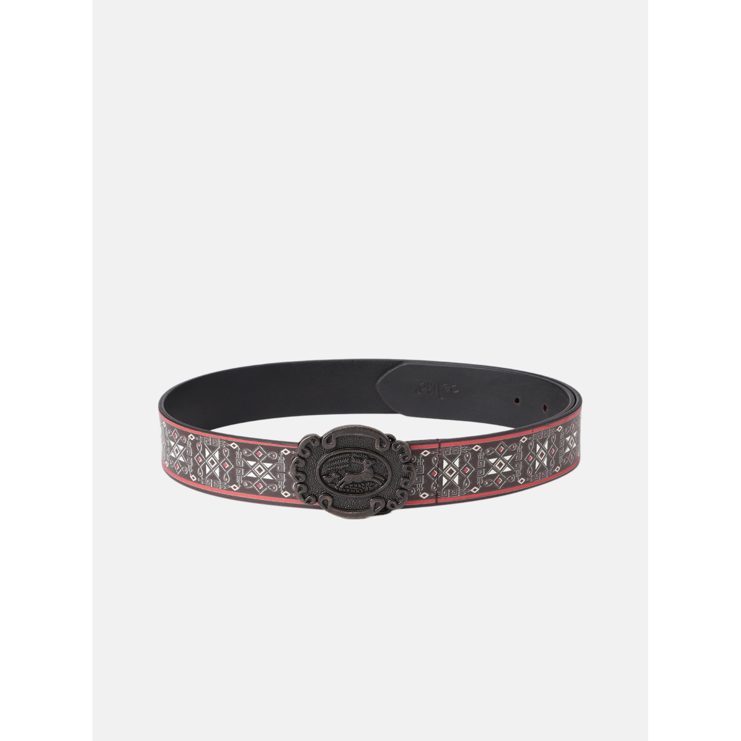 Unisex Genuine Leather Geometric Tribal Black Red Waist Belt Antique Buckle