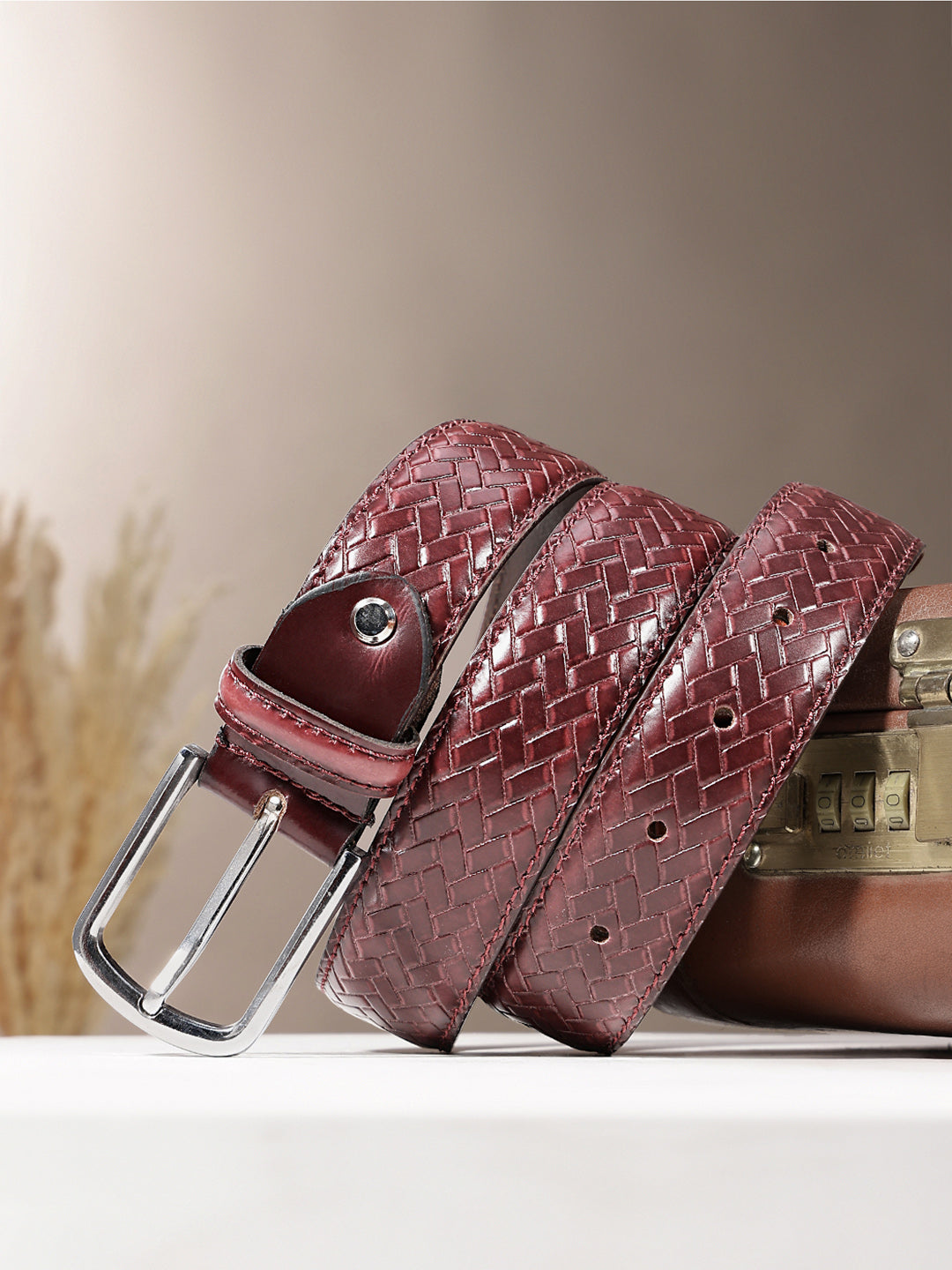 Brown Woven Texture Leather Belt With Silver Buckle Stylish Durable Everyday Wear