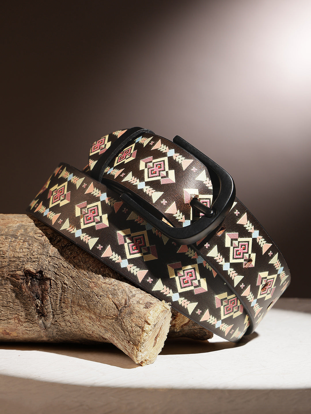 Unisex Geometric Patterned Canvas Leather Belt With Metal Buckle For Casual Everyday Wear