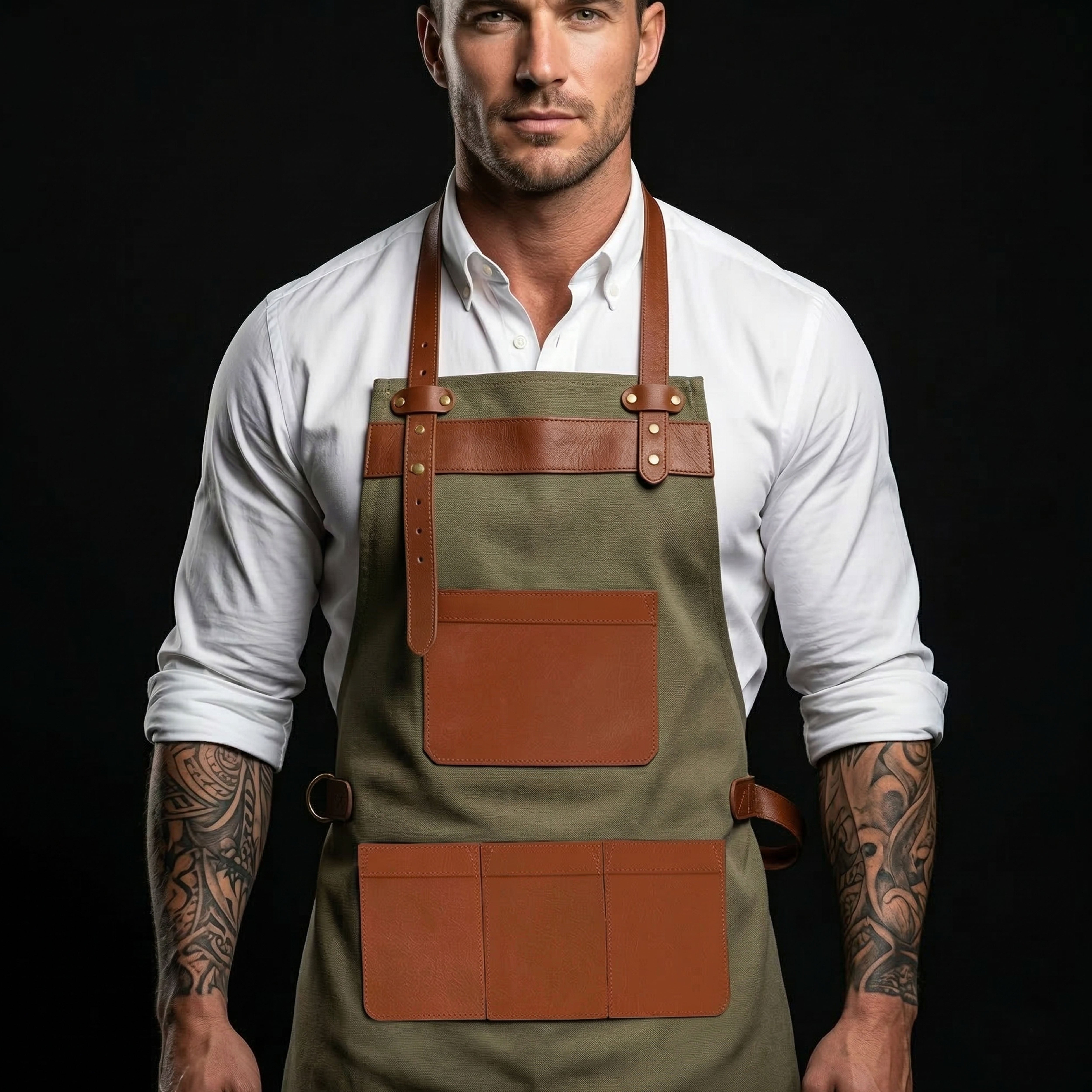 Premium Genuine Leather & Canvas Bib Apron – Tan & Green With Multiple Pocket