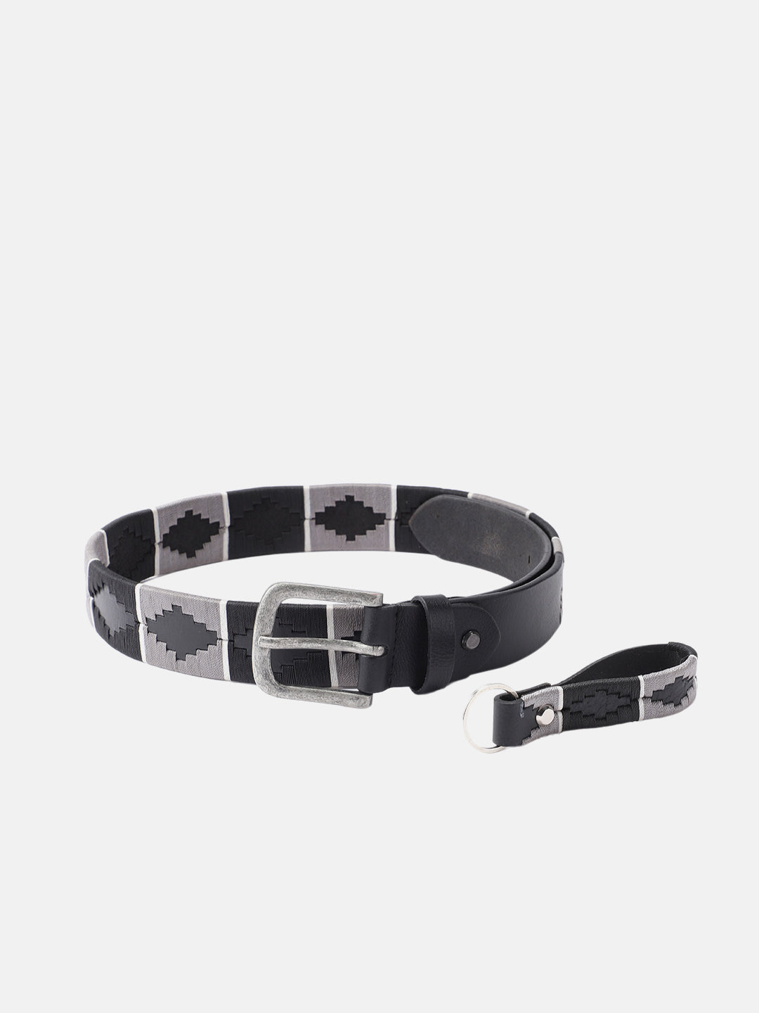 Unisex Handcrafted Black Leather Belt With Geometric Woven Strap And Antique Metal Buckle