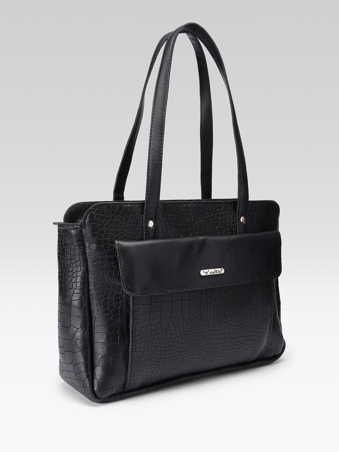 Premium Genuine Croc-Embossed Leather Tote Bag with Zip Compartments & Long Shoulder Straps