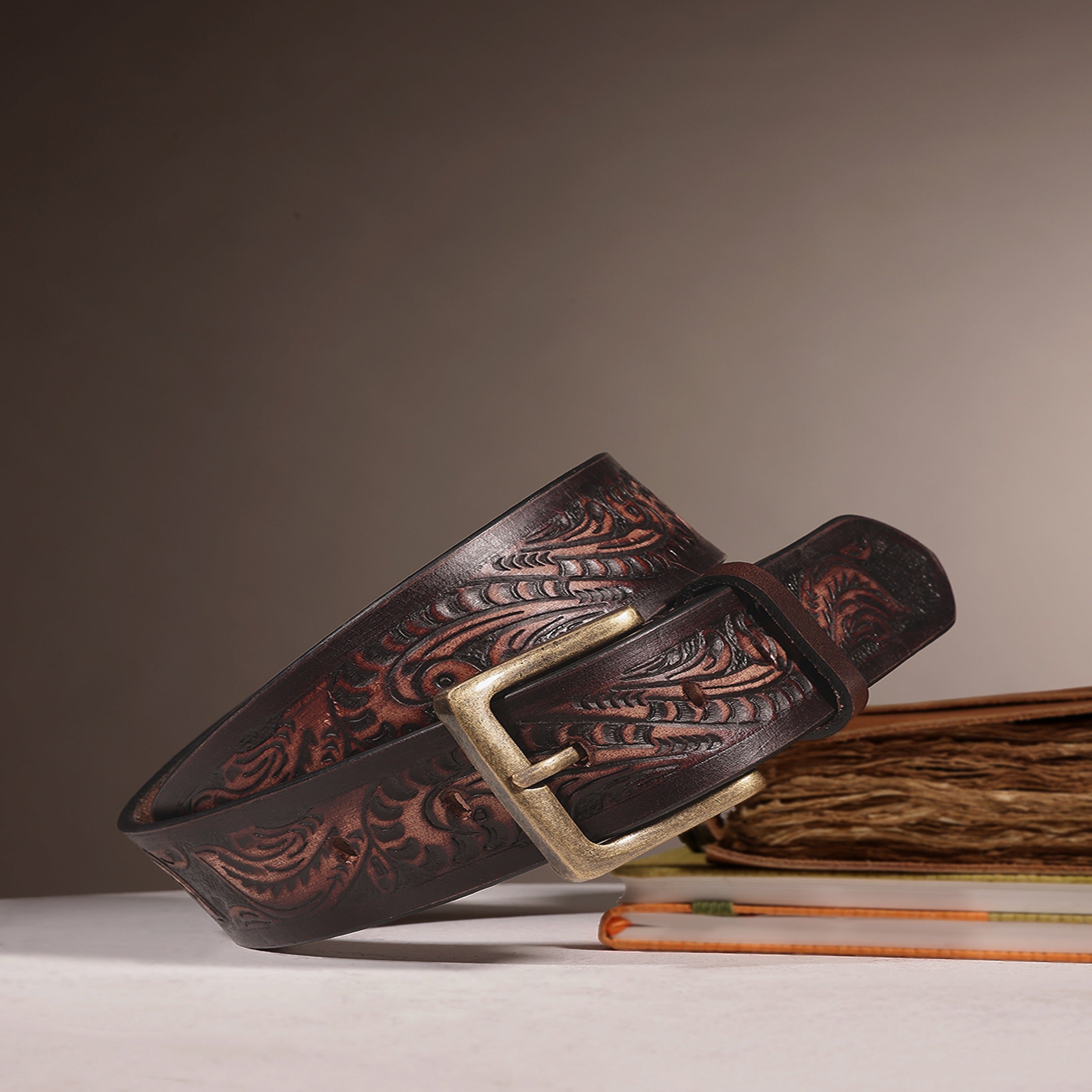 Unisex Handcrafted Embossed Leather Belt Vintage Floral Design Solid Buckle Stylish Wear
