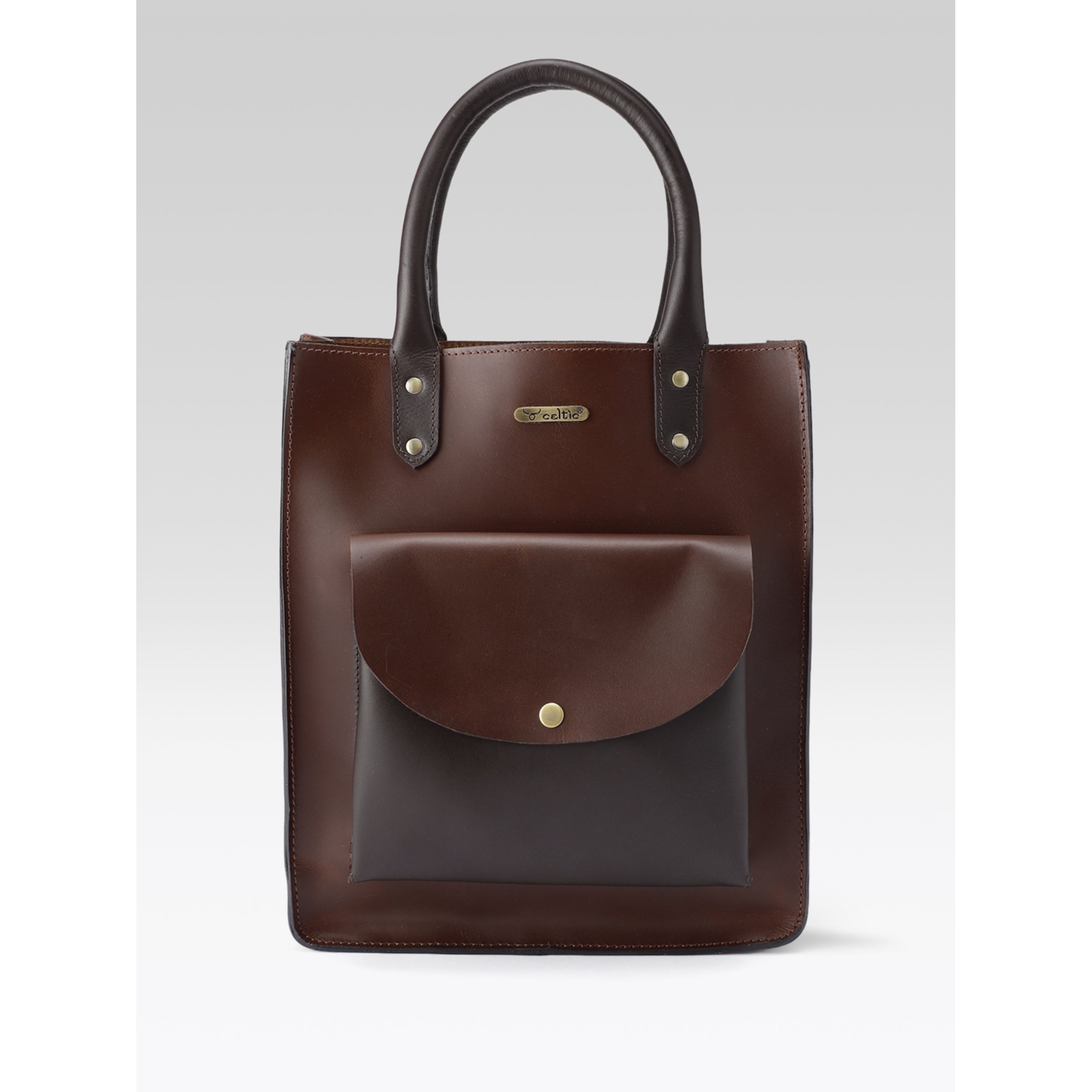 Premium Genuine Leather Shopper Tote Bag with Front Pocket and Dual Handles