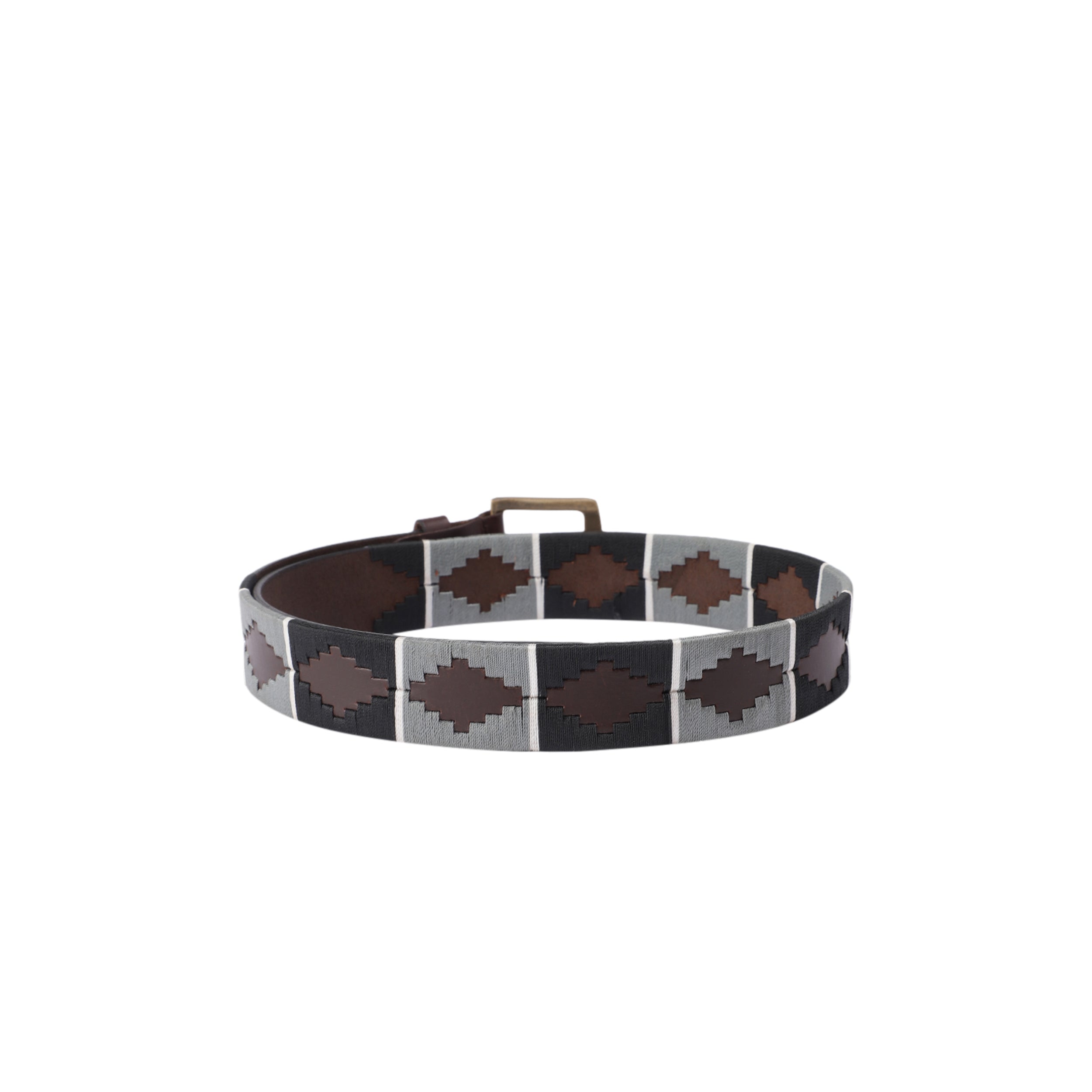 Unisex Handcrafted Brown Leather Belt With Grey Woven Inlay And Vintage Brass Buckle
