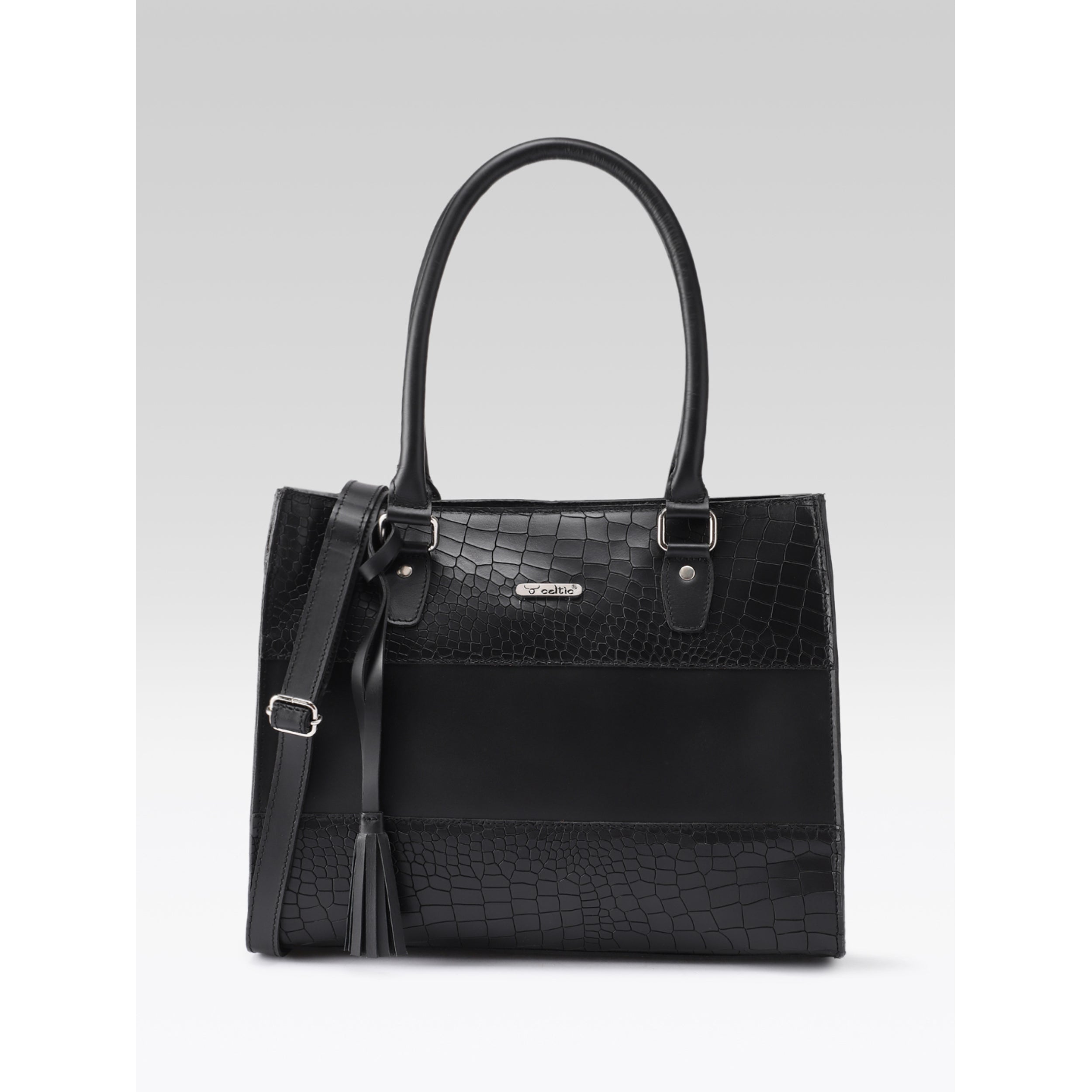 Premium Croc-Embossed Leather Tote with Dual Handles, Zip Closure & Detachable Strap