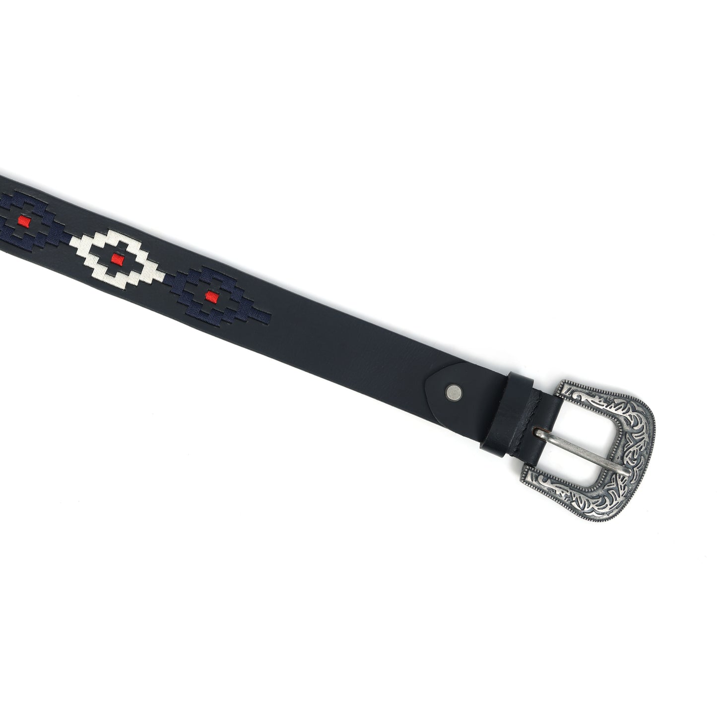 Premium Black Leather Polo Belt with Silver Designer Buckle & Multicolour Webbing. LB-865